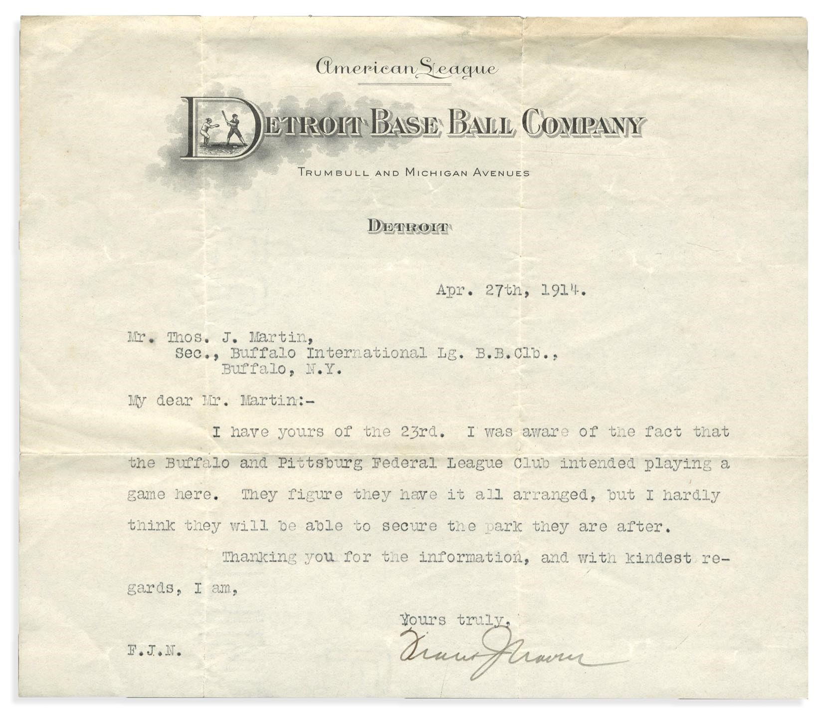 Ty Cobb and Detroit Tigers - 1914 Frank Navin Detroit Tigers Letter- Controversial Federal League Content