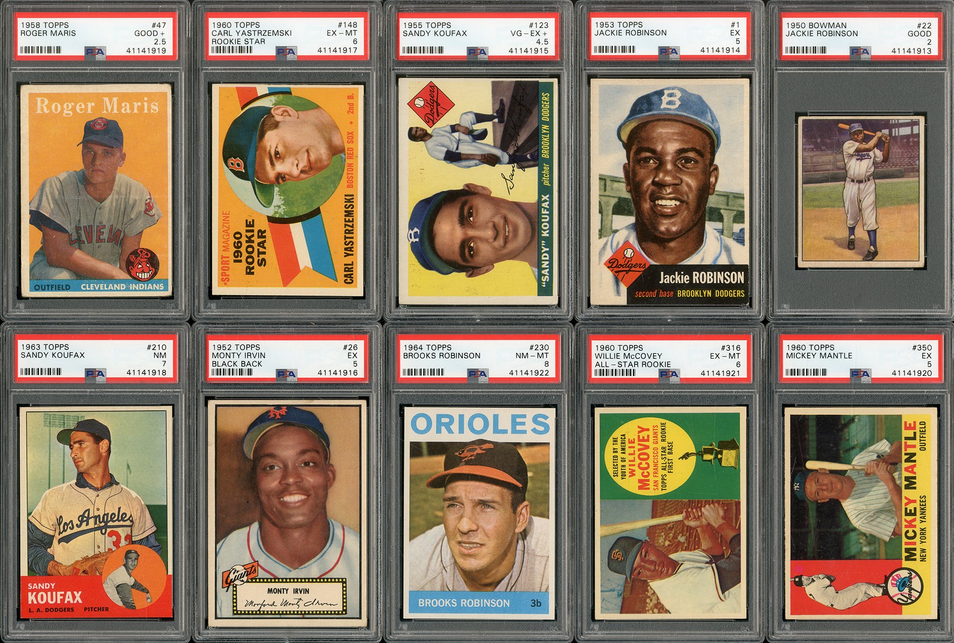 Baseball and Trading Cards - 1950s-60s Topps & Bowman Hall of Famer Collection w/10 PSA Graded - Mantle, Koufax RC, Robinson (135+)