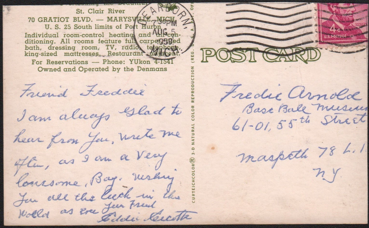 - 1959 Eddie Cicotte Handwritten Postcard To "Baseball Museum"