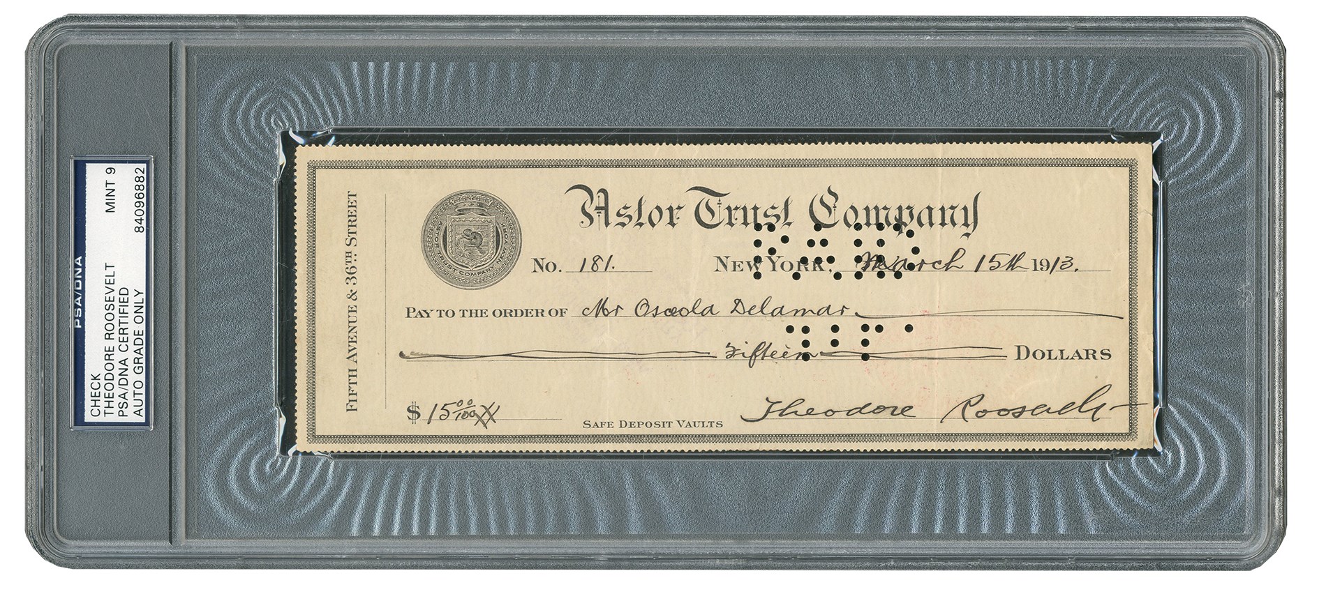 Rock And Pop Culture - 1913 Theodore Roosevelt Signed Bank Check (PSA MINT 9)