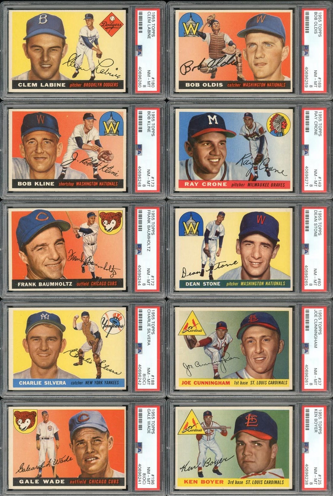 - 1955 Topps PSA NM-MT 8 Collection (10) with Boyer RC plus High Numbers