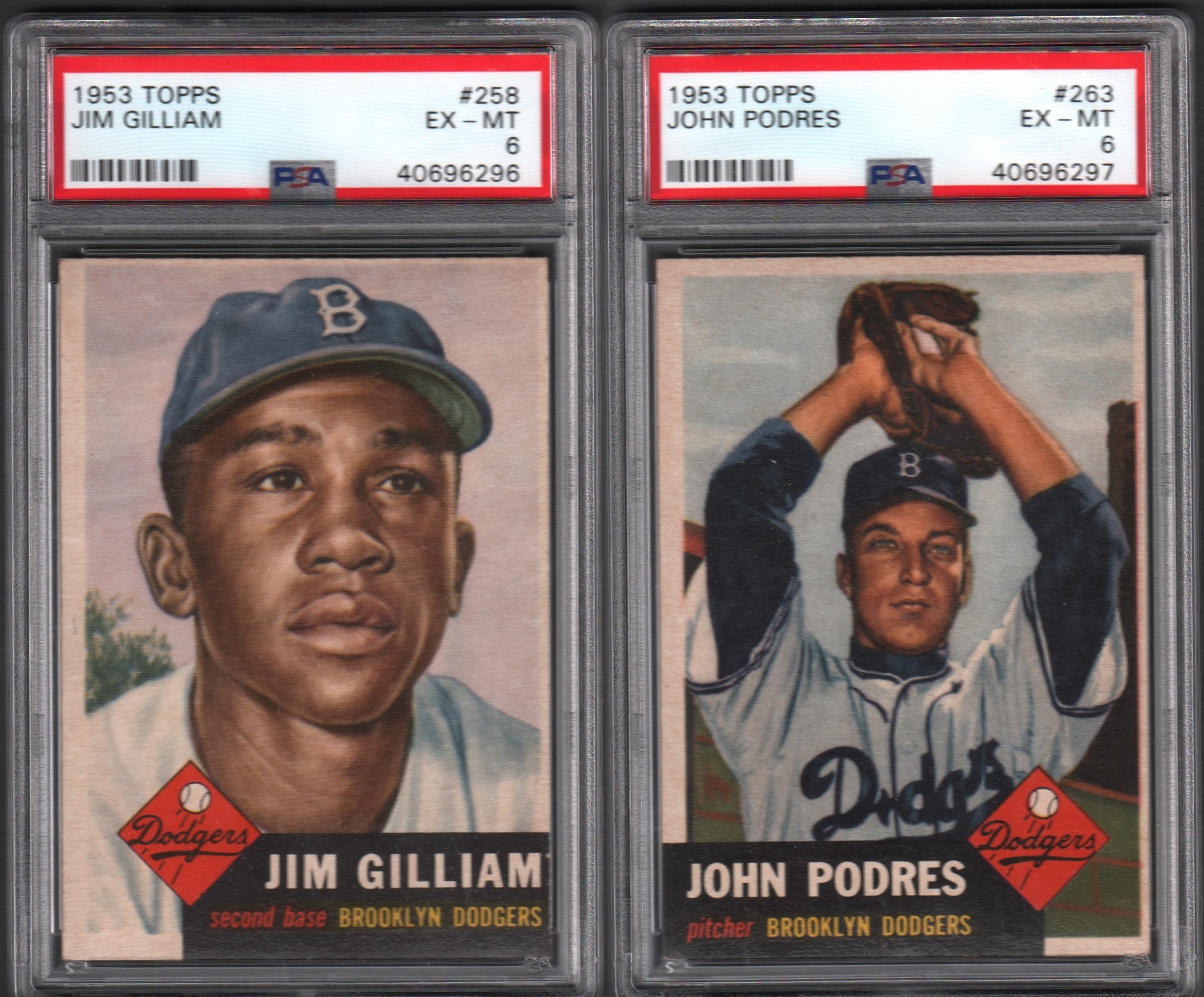 - 1953 Topps Brooklyn Dodgers PSA EX-MT 6 Rookie Card Pair - Podres and Gilliam