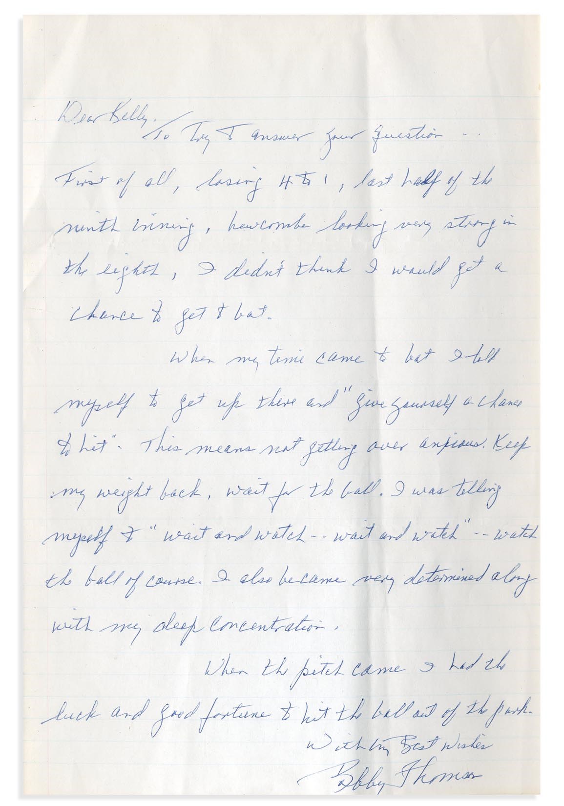 Bobby Thomson Handwritten Letter Detailing "Shot Heard 'Round the World"