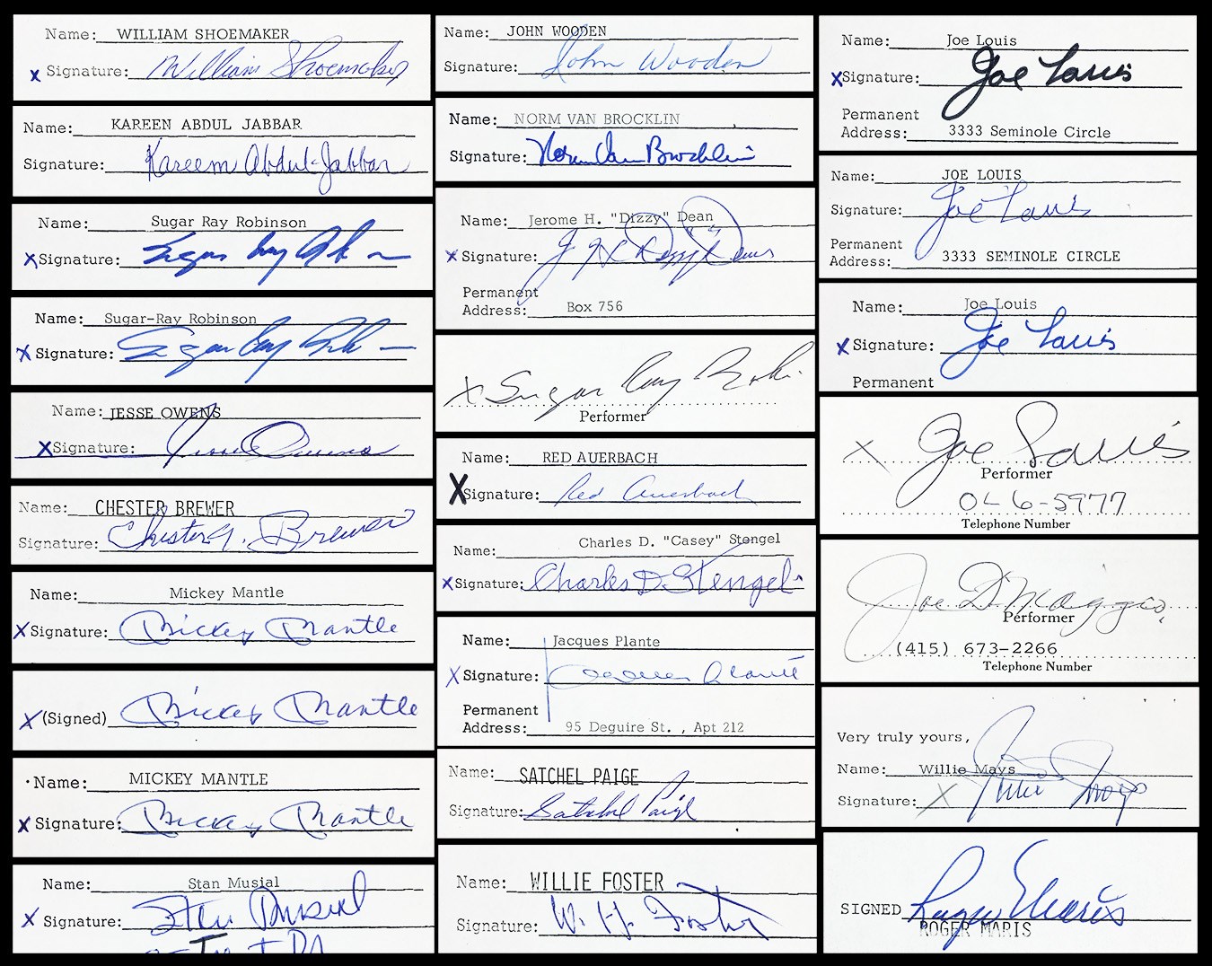 Baseball Autographs - Amazing 1970s Sports Game Show Signed Contract Archive Directly from the Family - (2) Bill Foster, (3) Mantle, (4) Louis, (3) Ray Robinson (225+)