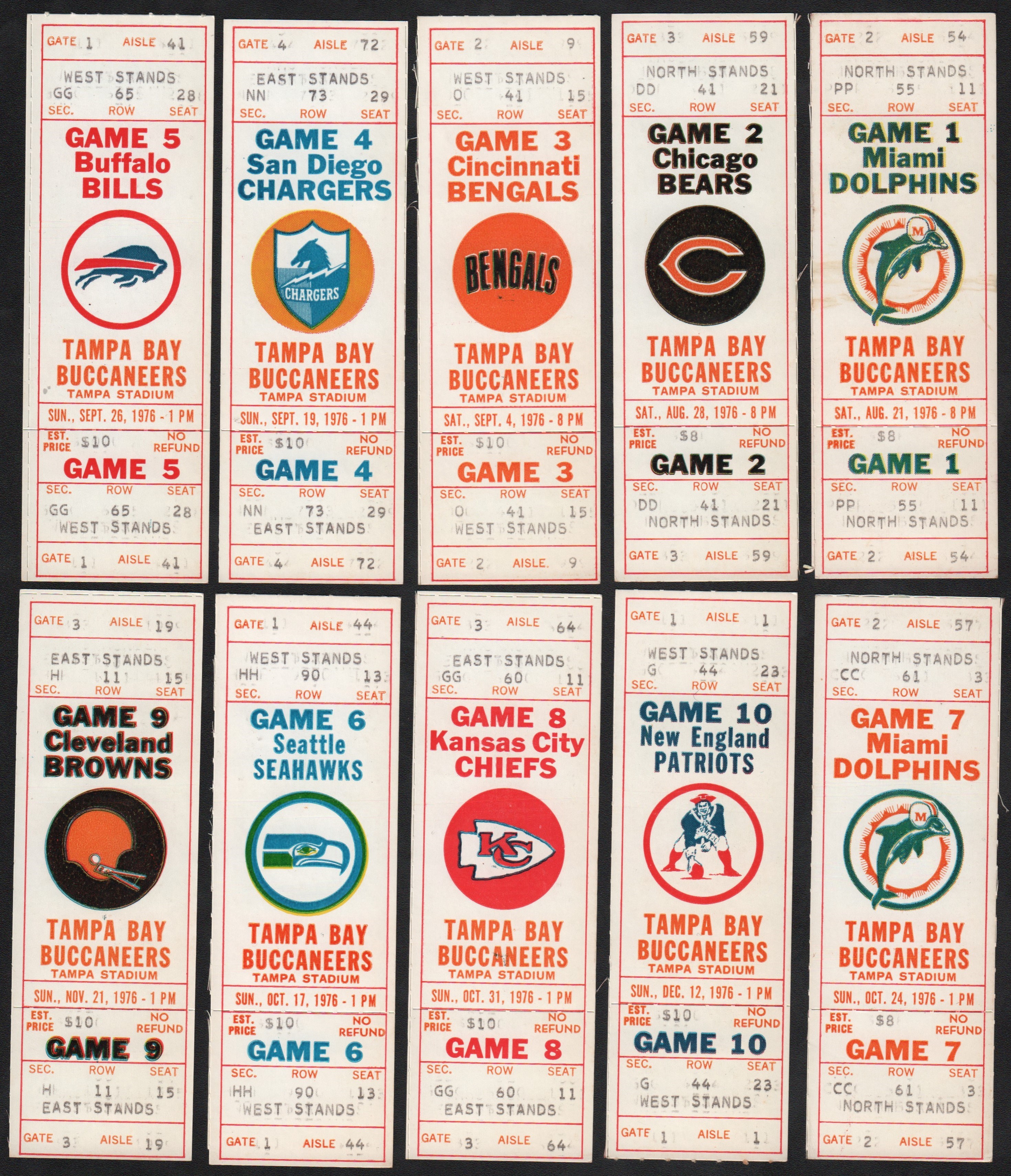 - 1976 Tampa Bay Buccaneers Inaugural & "Winless" Season Complete Set of Full Tickets (10)