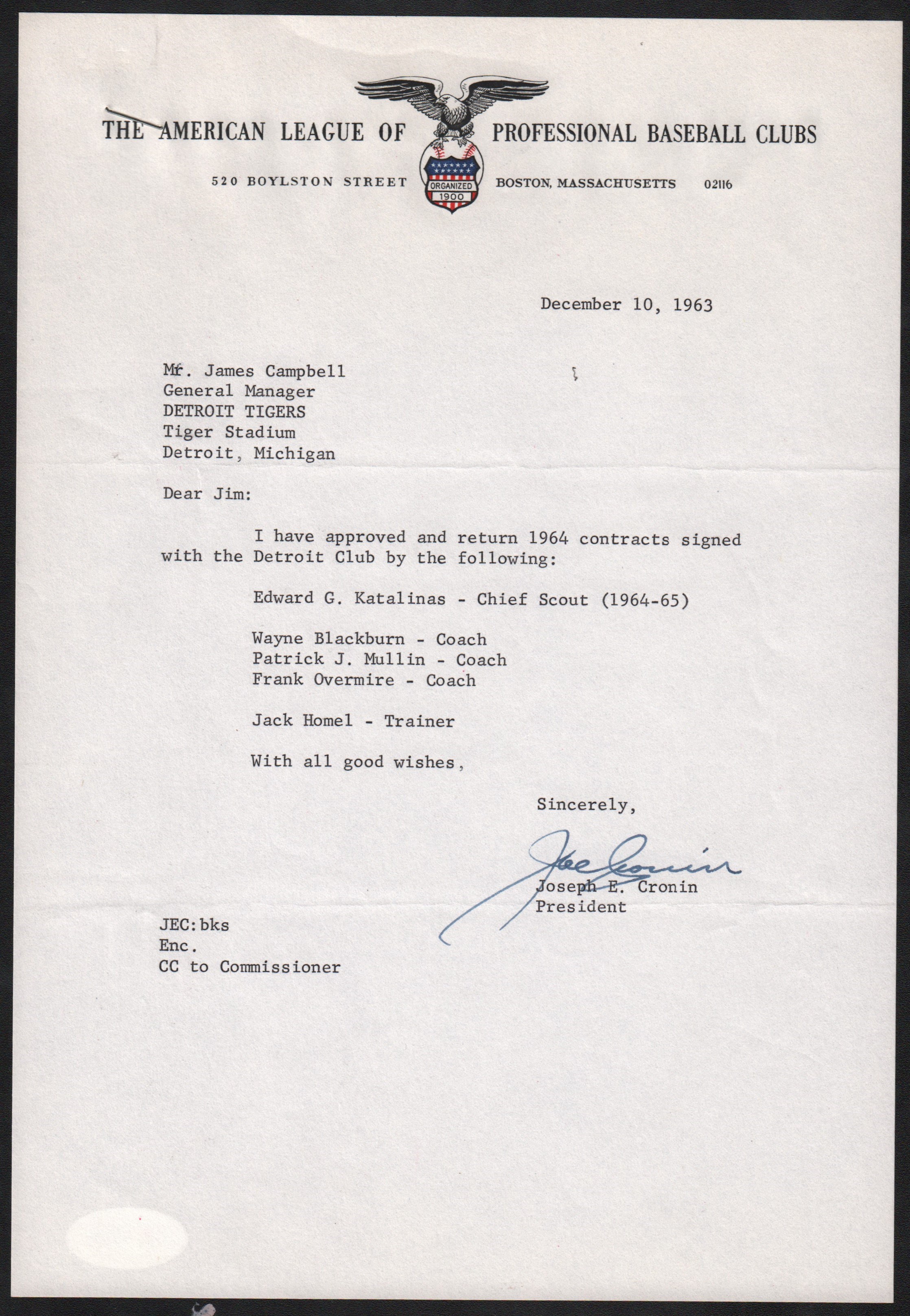 - 1963 Joe Cronin Signed Letter (PSA)