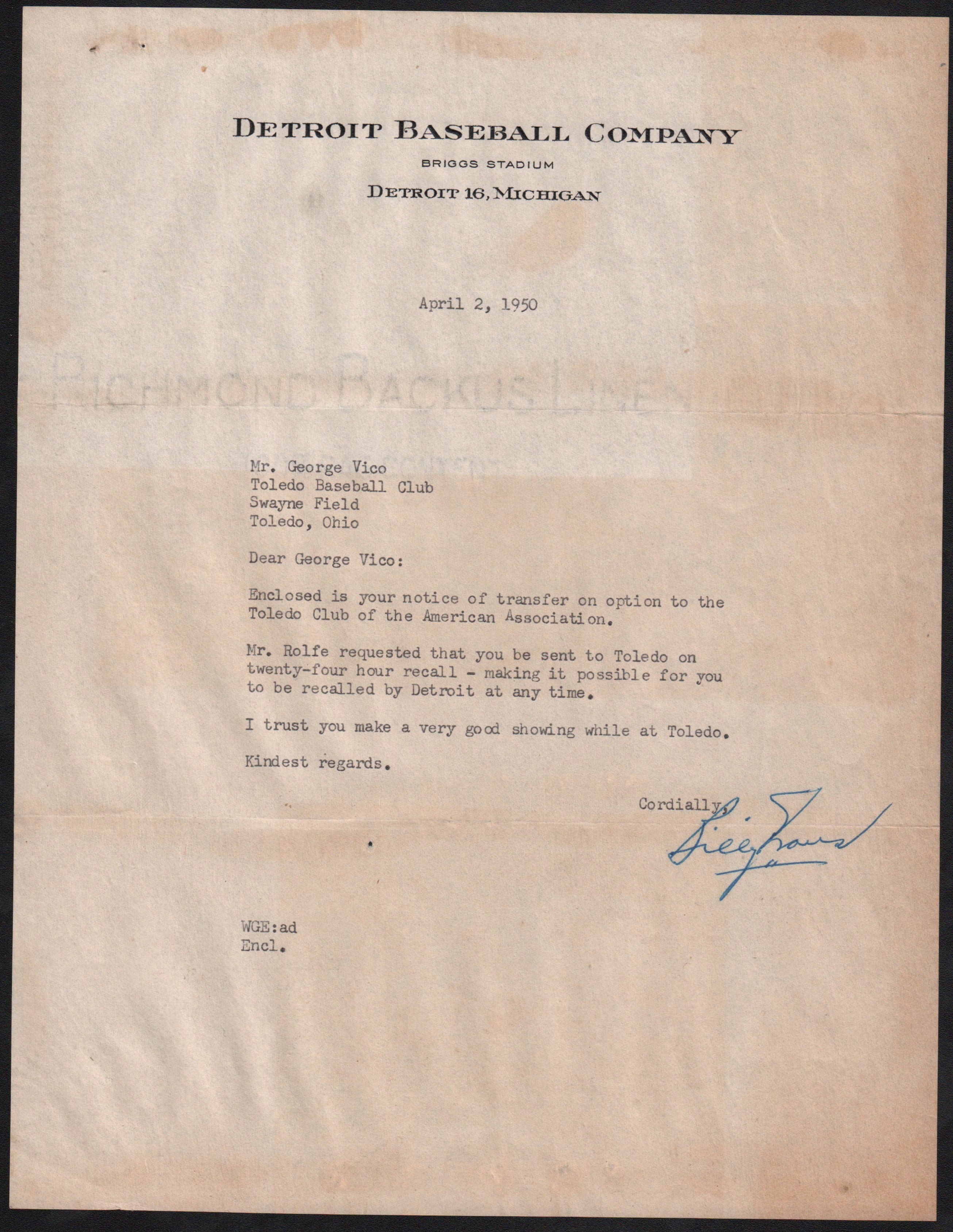 1950s Billy Evans Hand Signed Letter to George Vico