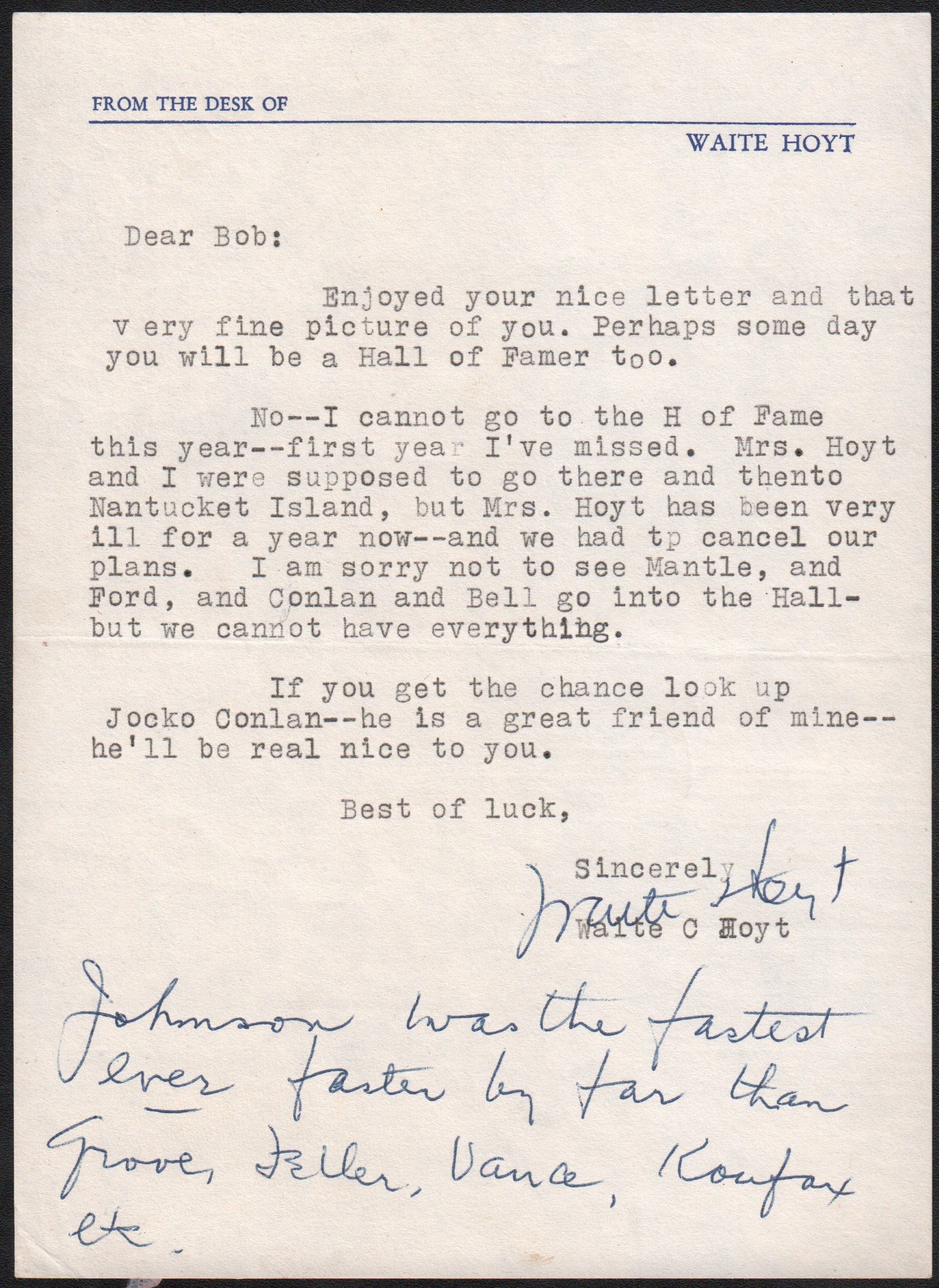 Baseball Autographs - Waite Hoyt Hand Written Letter w/ Walter Johnson Faster than Koufax Content