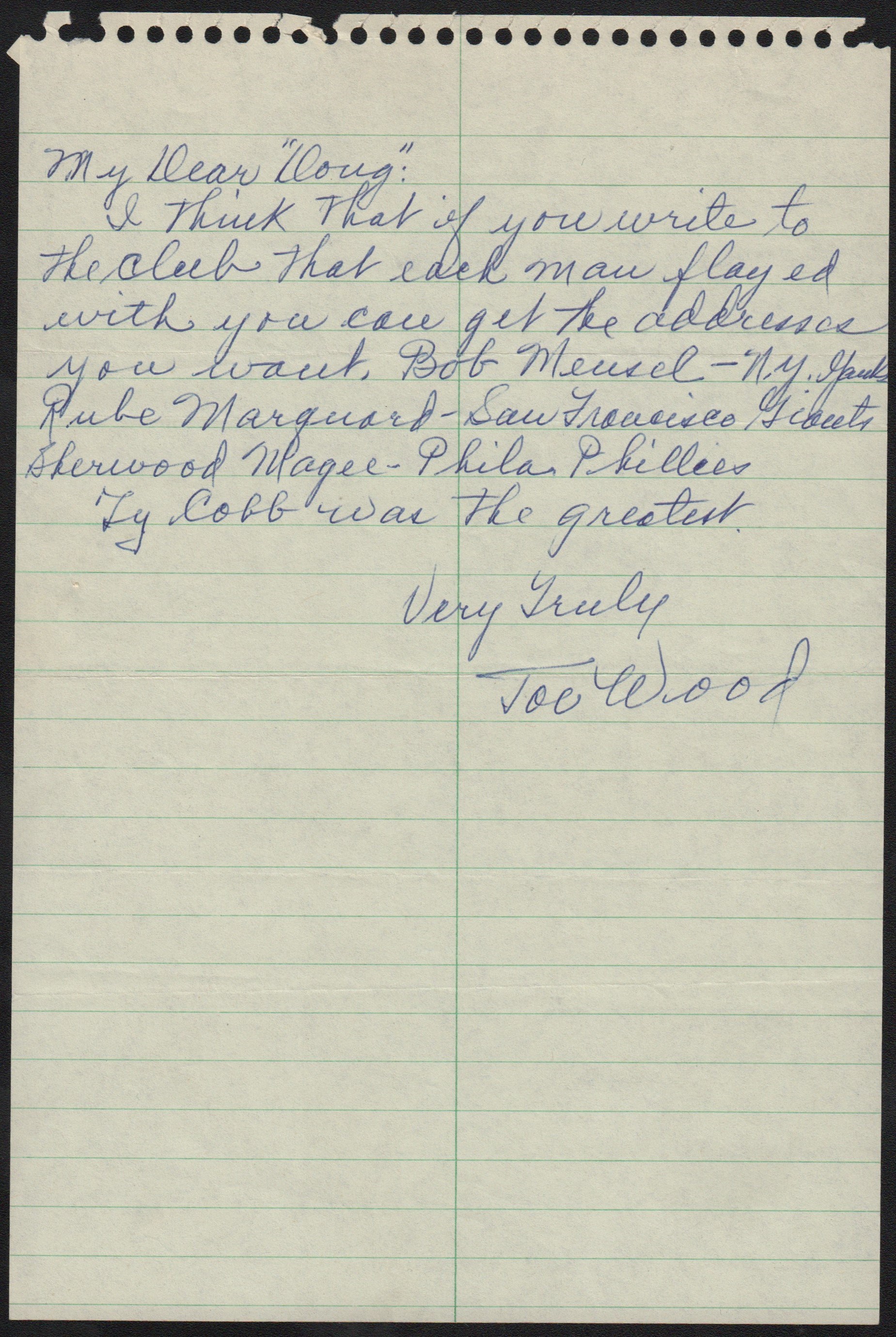 Baseball Autographs - Smokey Joe Wood Hand Written Letter w/ Ty Cobb Content