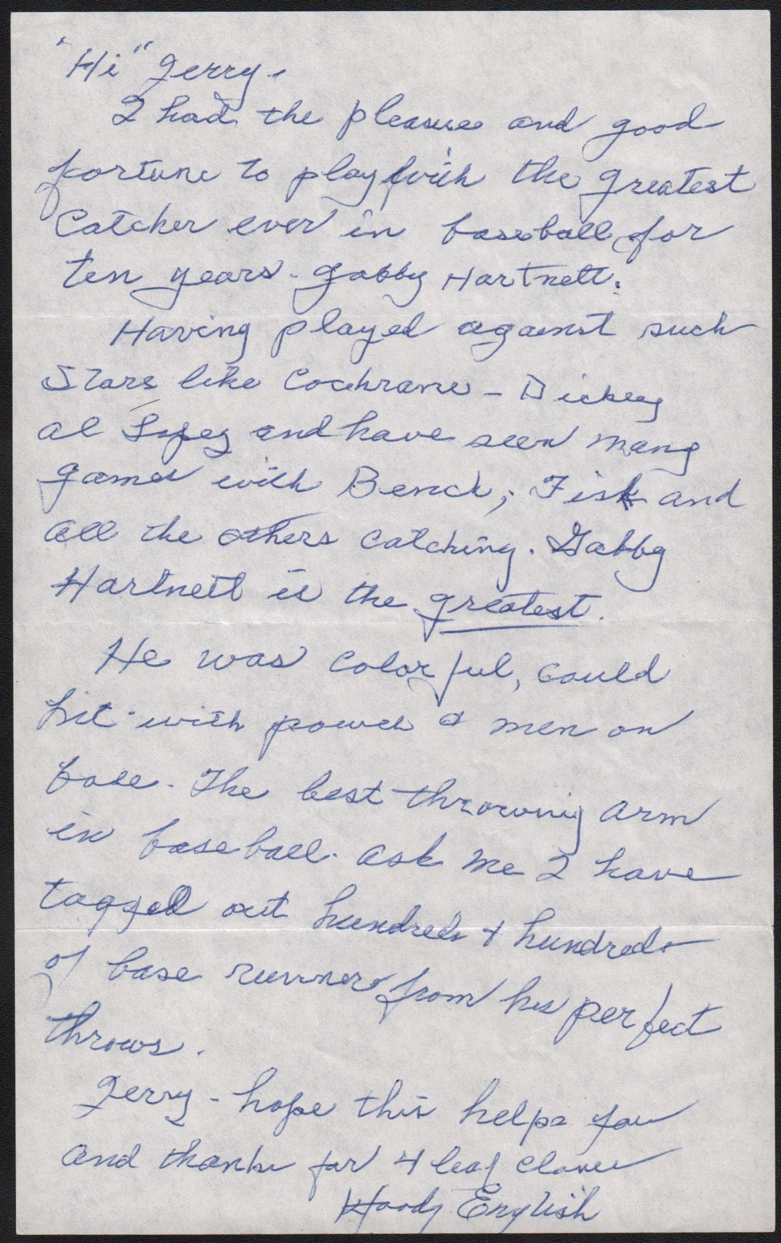 - Woody English Hand Written Letter w/ "Greatest Catchers" Content