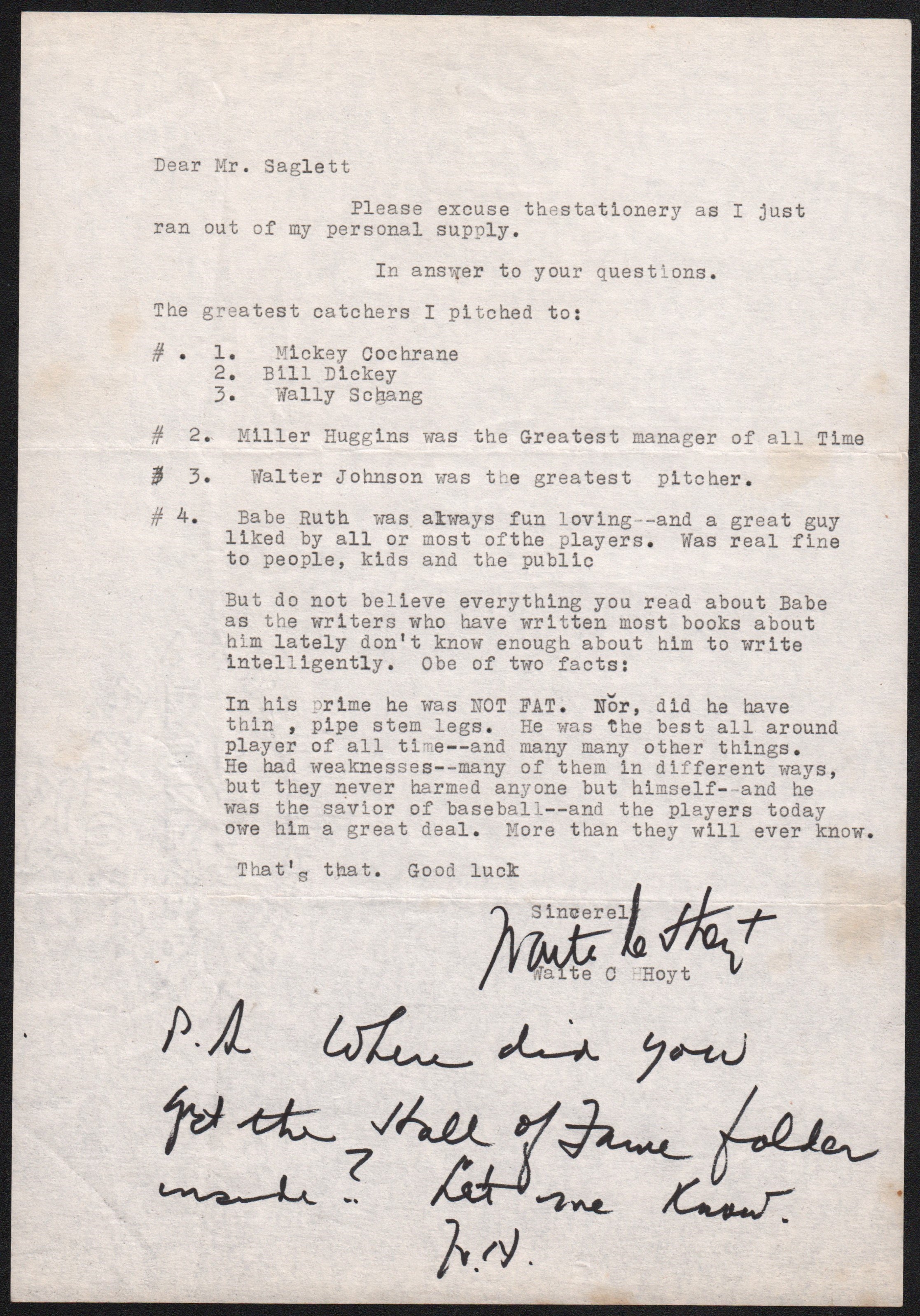 Waite Hoyt Letter w/ Babe Ruth and Walter Johnson Content