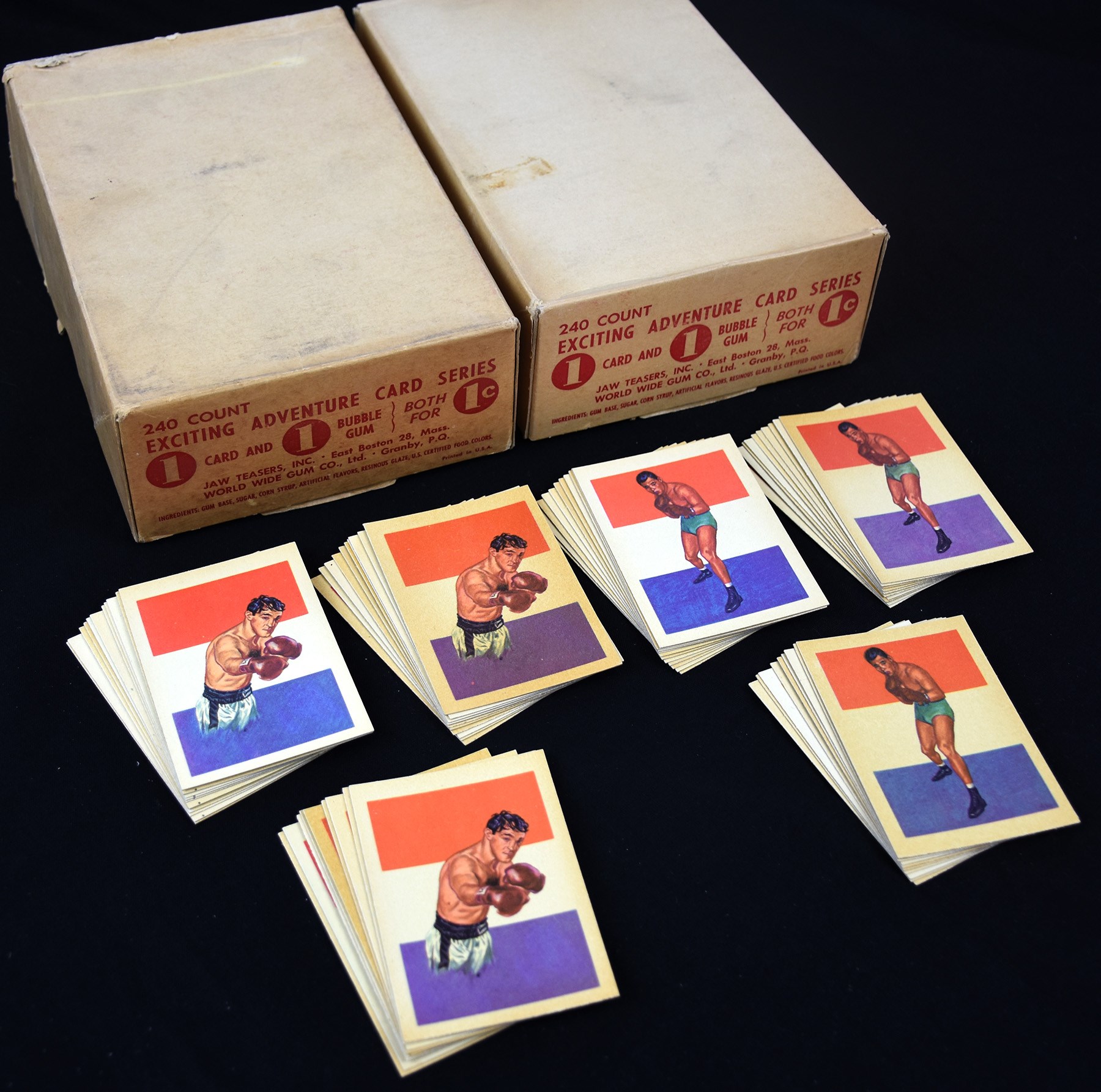 Hoard of High Grade Joe Louis & Rocky Marciano 1956 Adventure Cards with Two Display Boxes