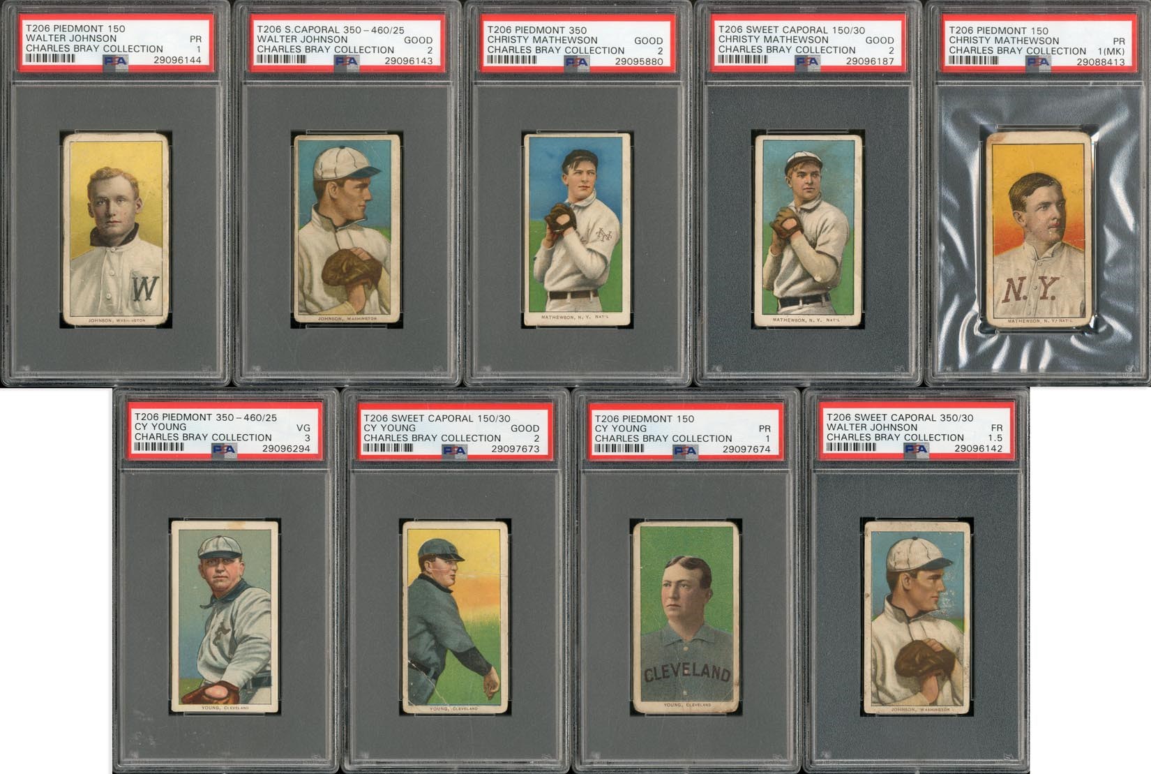 Baseball and Trading Cards - T206 HOFer Pitcher PSA Graded Collection (9) with Mathewson Johnson and Young - The Charles Bray Collection