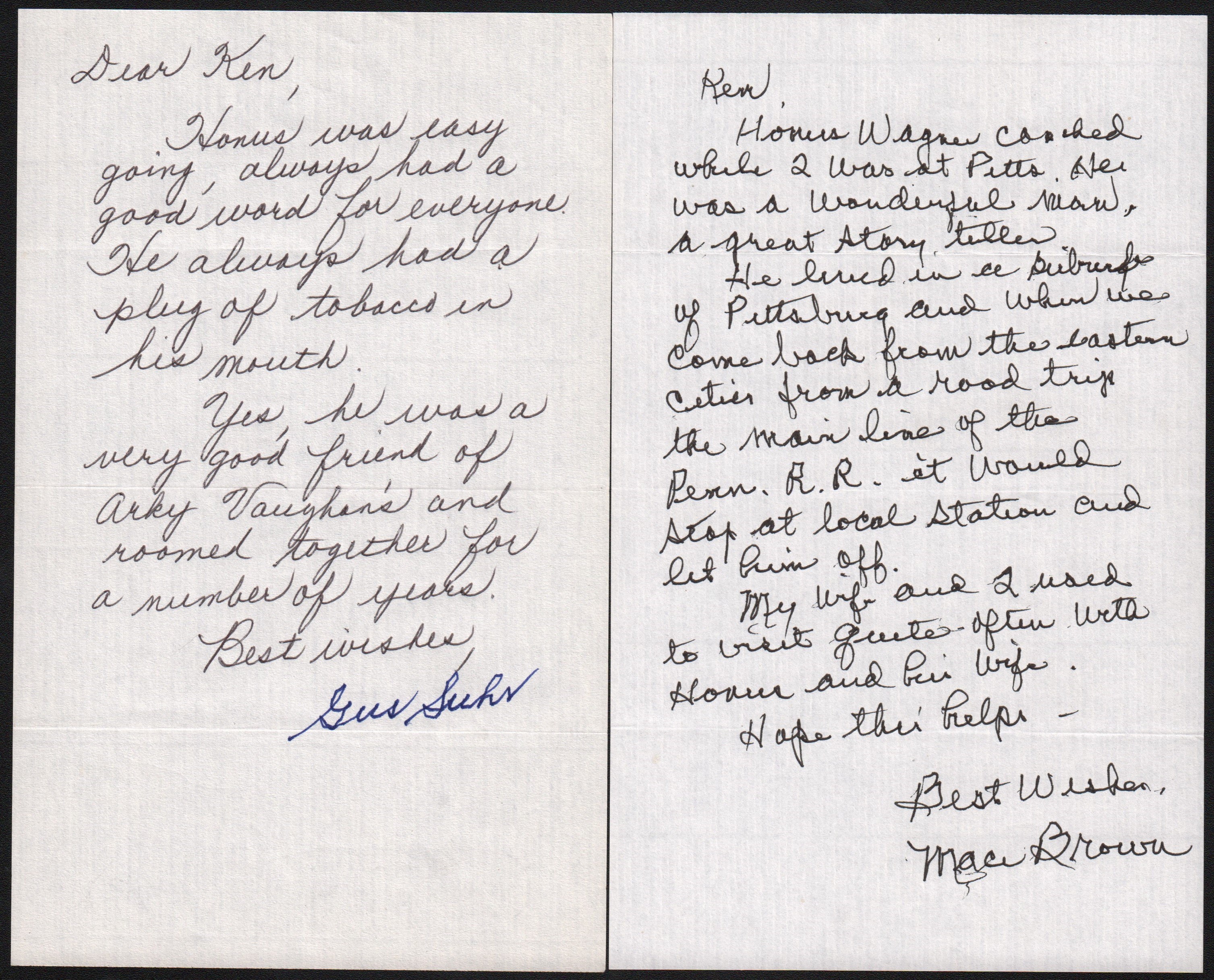 Two Honus Wagner Letters from Teammates