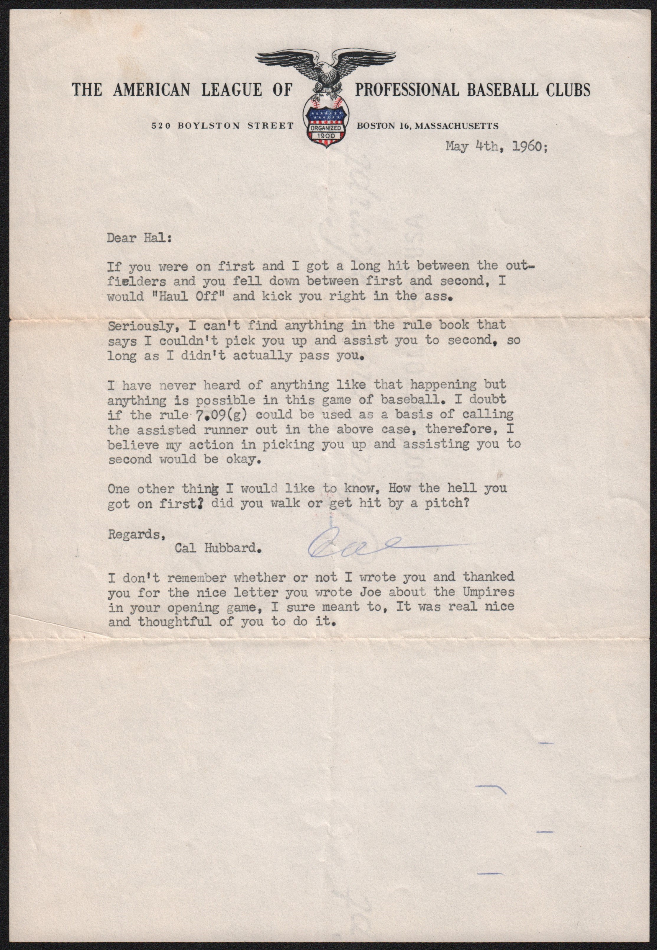 Cal Hubbard "Kick in the Ass" Letter