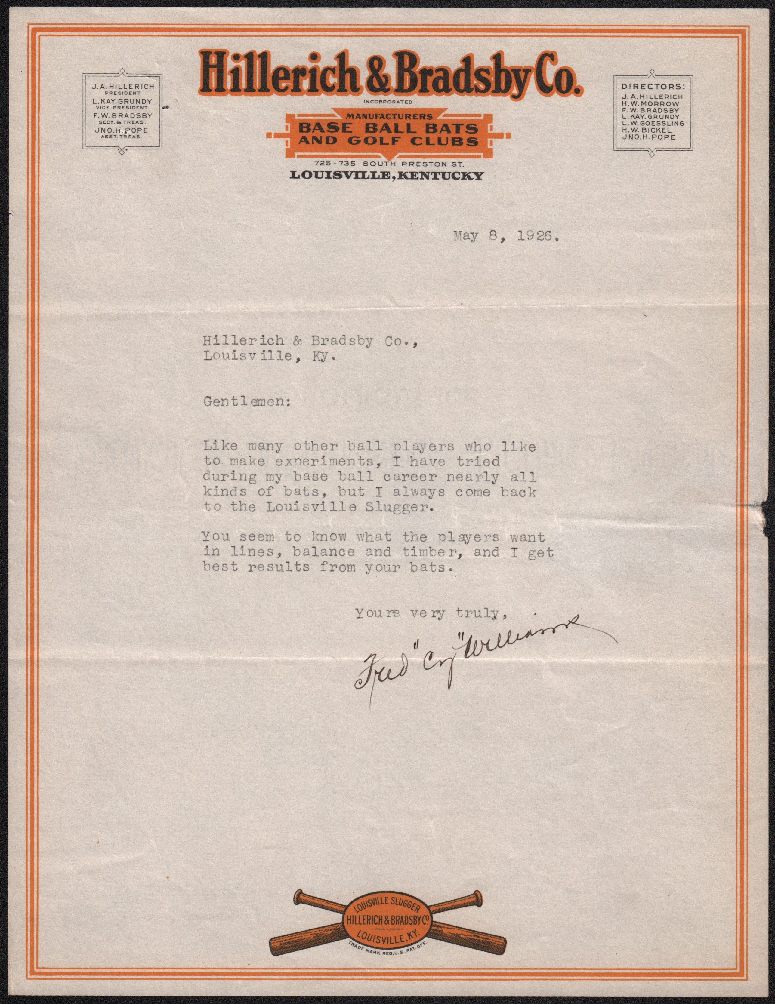 - 1926 Fred Cy Williams Hillerich & Bradsby Letter Endorsing Bats