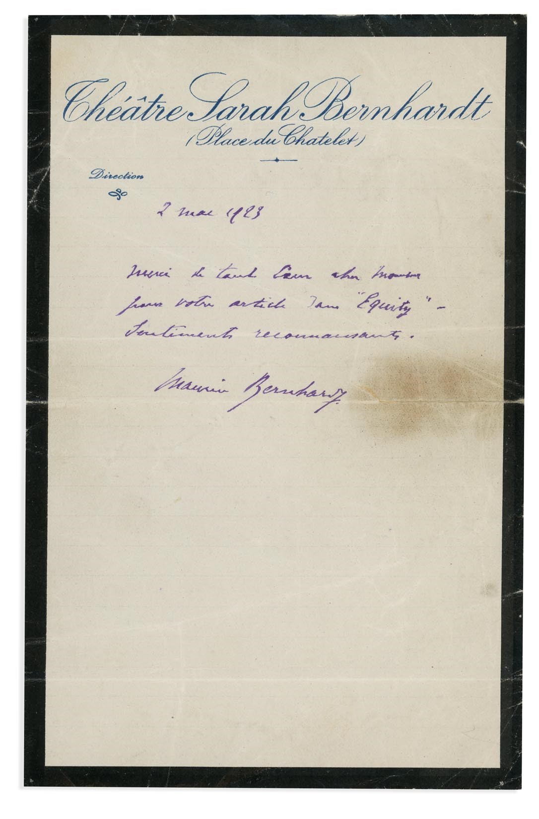 - 1923 Maurice Bernhardt ALS with Important Sarah Bernhardt Content