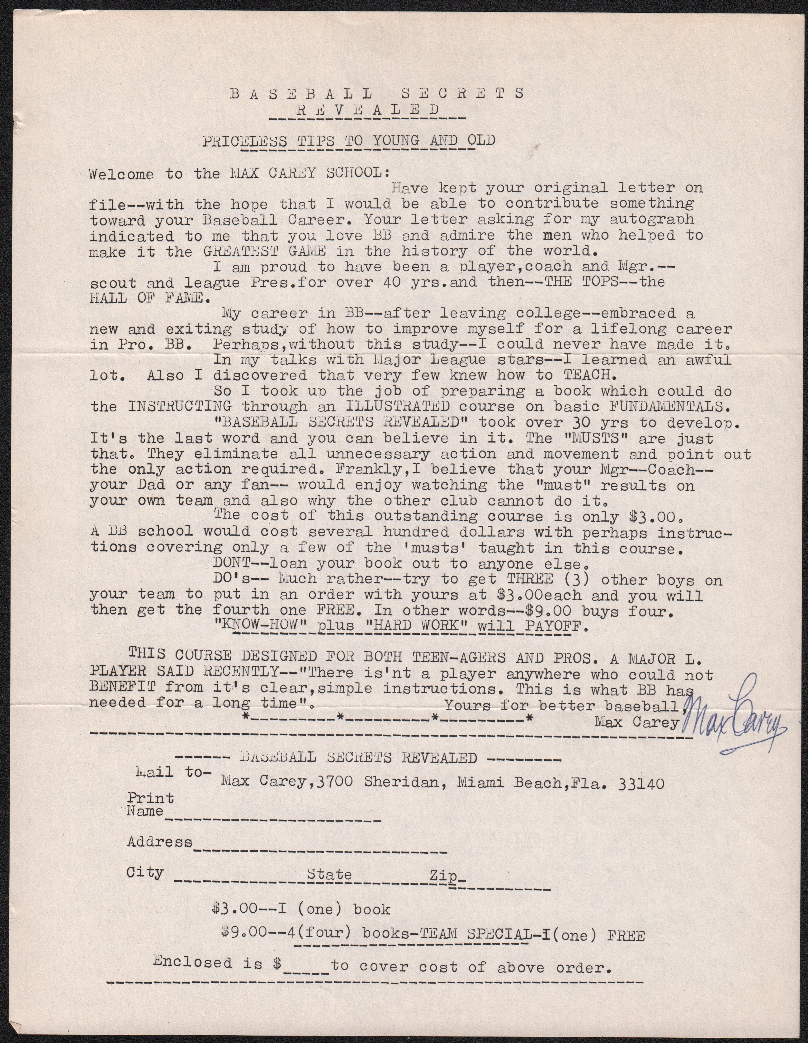 Baseball Autographs - Max Carey Letter w/ "Greatest Game In the History of the World Content".