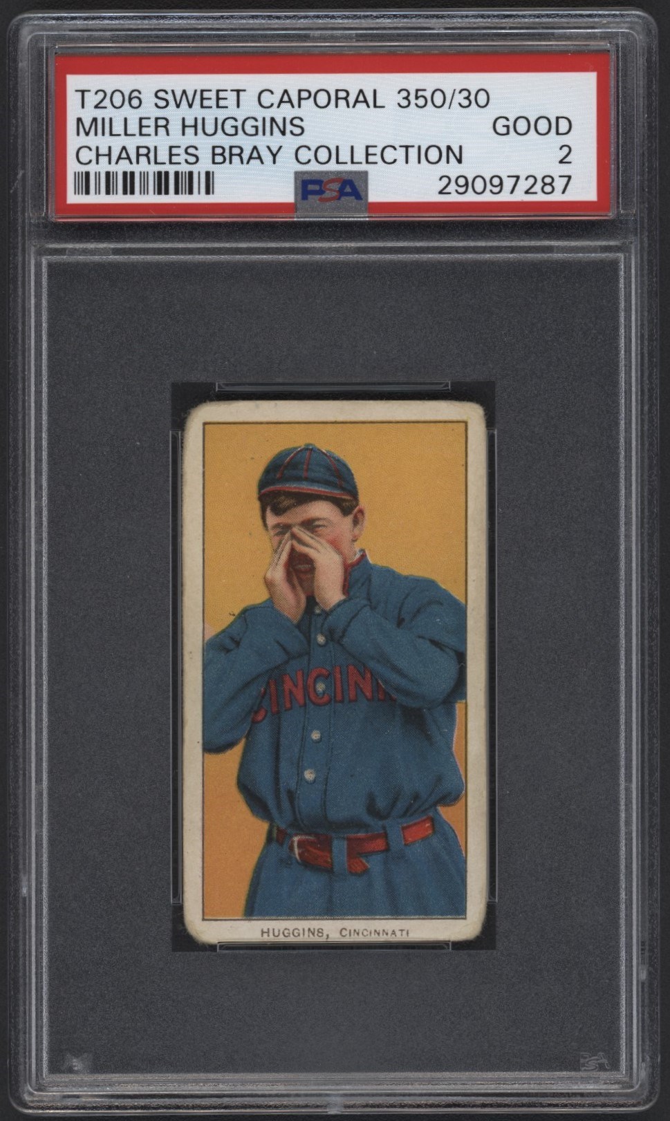 T206 Sweet Caporal 350/30 Miller Huggins PSA 2 From the Charles Bray Collection.