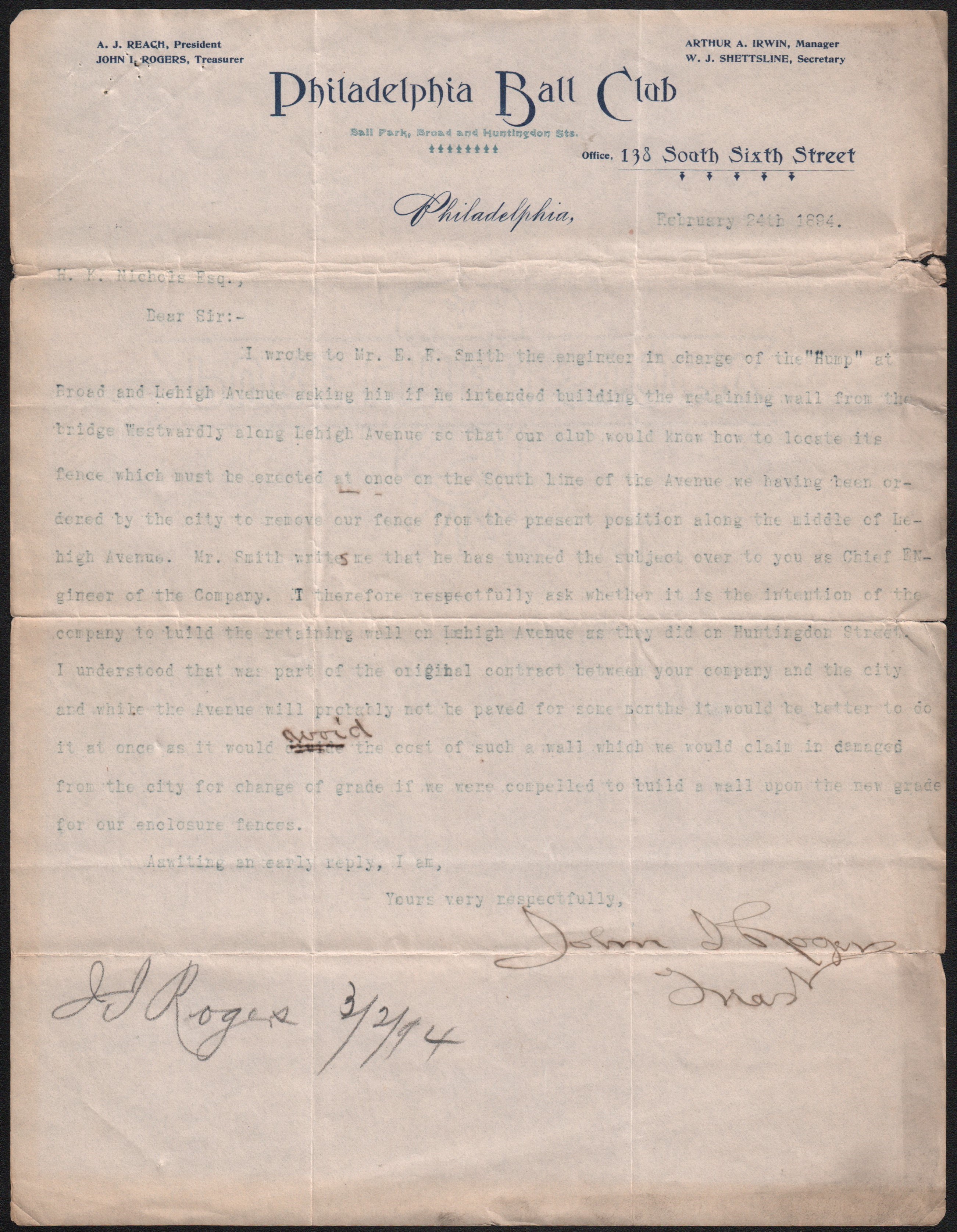 - 1894 Philadelphia Phillies Letter Signed Twice by John I Rogers