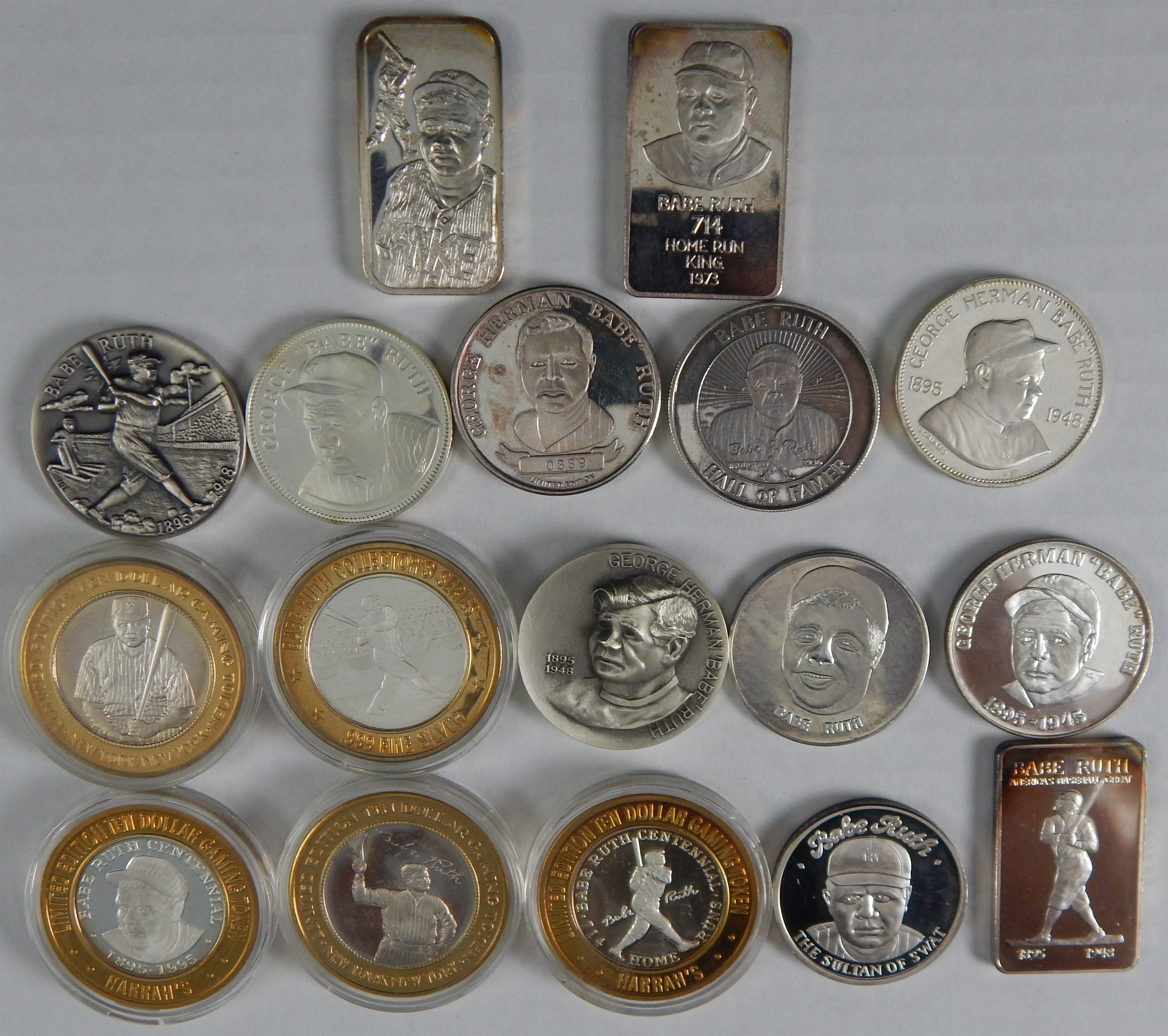 Ruth and Gehrig - Collection of Babe Ruth One Troy Ounce .999 Silver Coins (17)