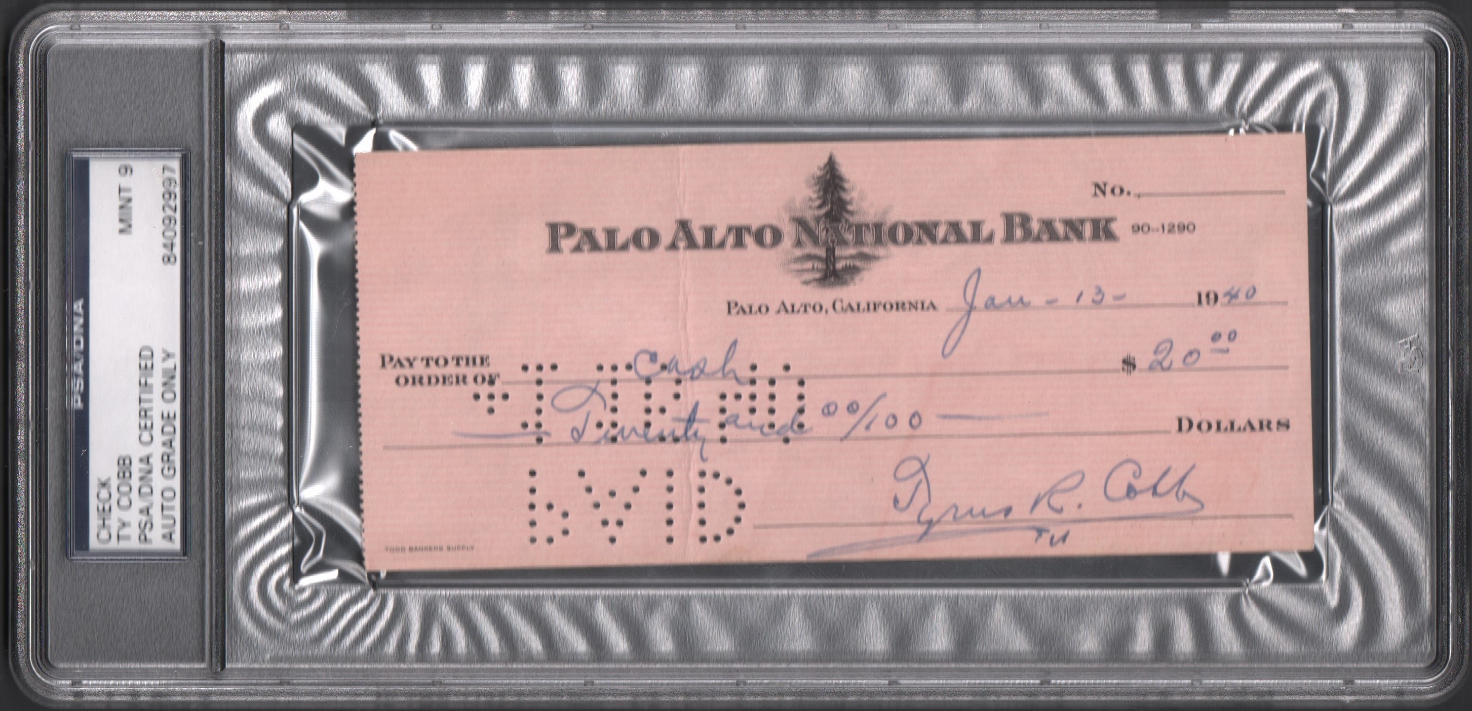 Baseball Autographs - Ty Cobb Signed Check PSA/DNA 9