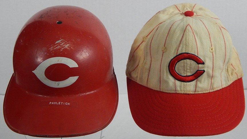 Reds - Don Palveletich Game Used Batting Helmet and Cap