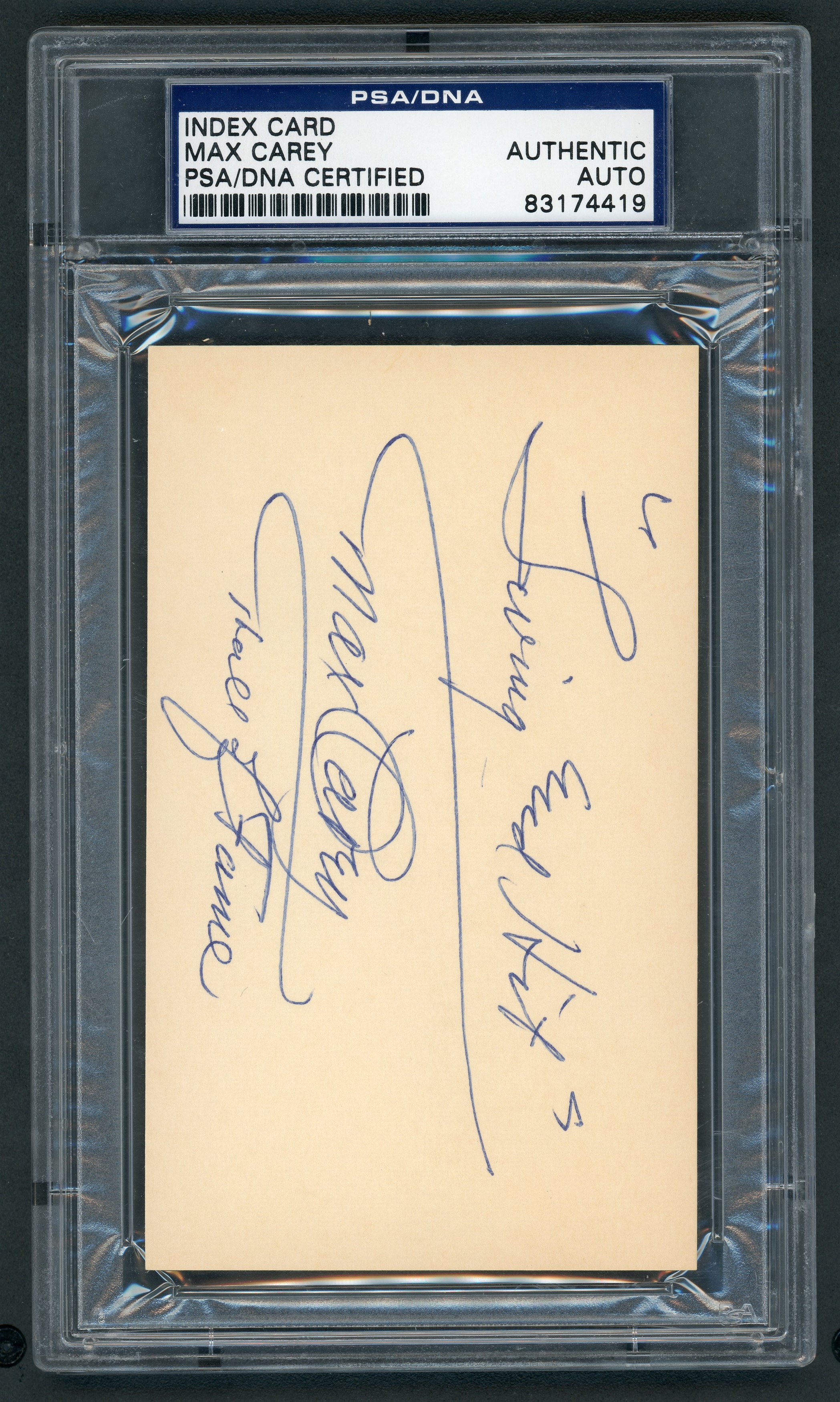 Clemente and Pittsburgh Pirates - Max Carey Signed Inscribed Index Card (PSA)
