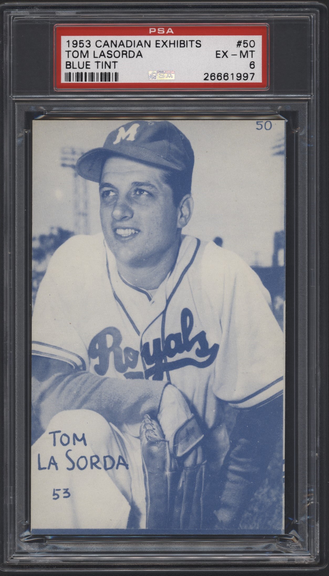 Baseball and Trading Cards - 1953 Canadian Exhibit Tom Lasorda #50 Blue Tint PSA Graded EX-MT 6