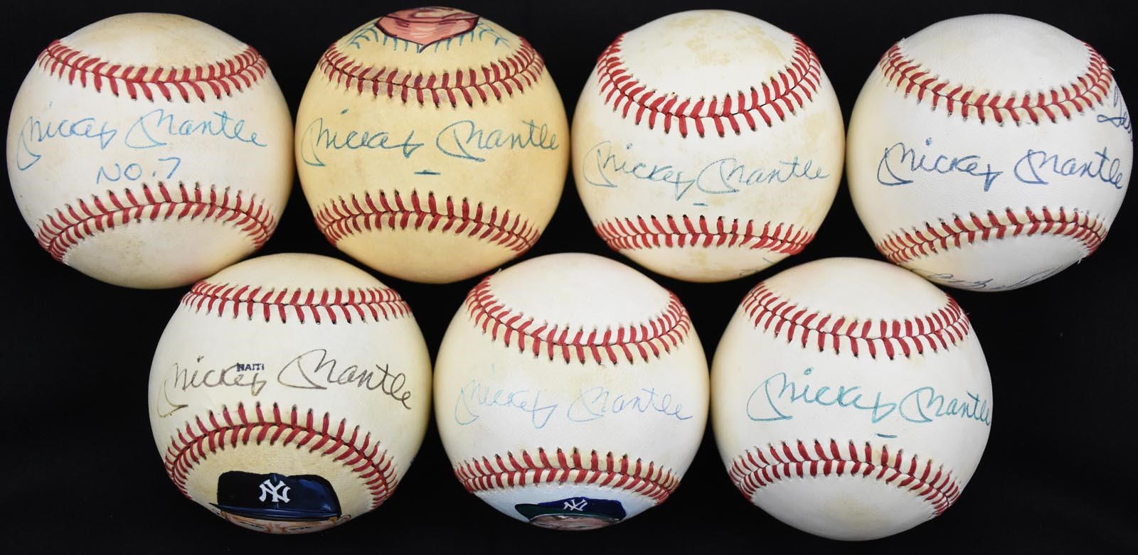 Mantle and Maris - "7" Mickey Mantle Signed Baseballs w/Three Painted (PSA)