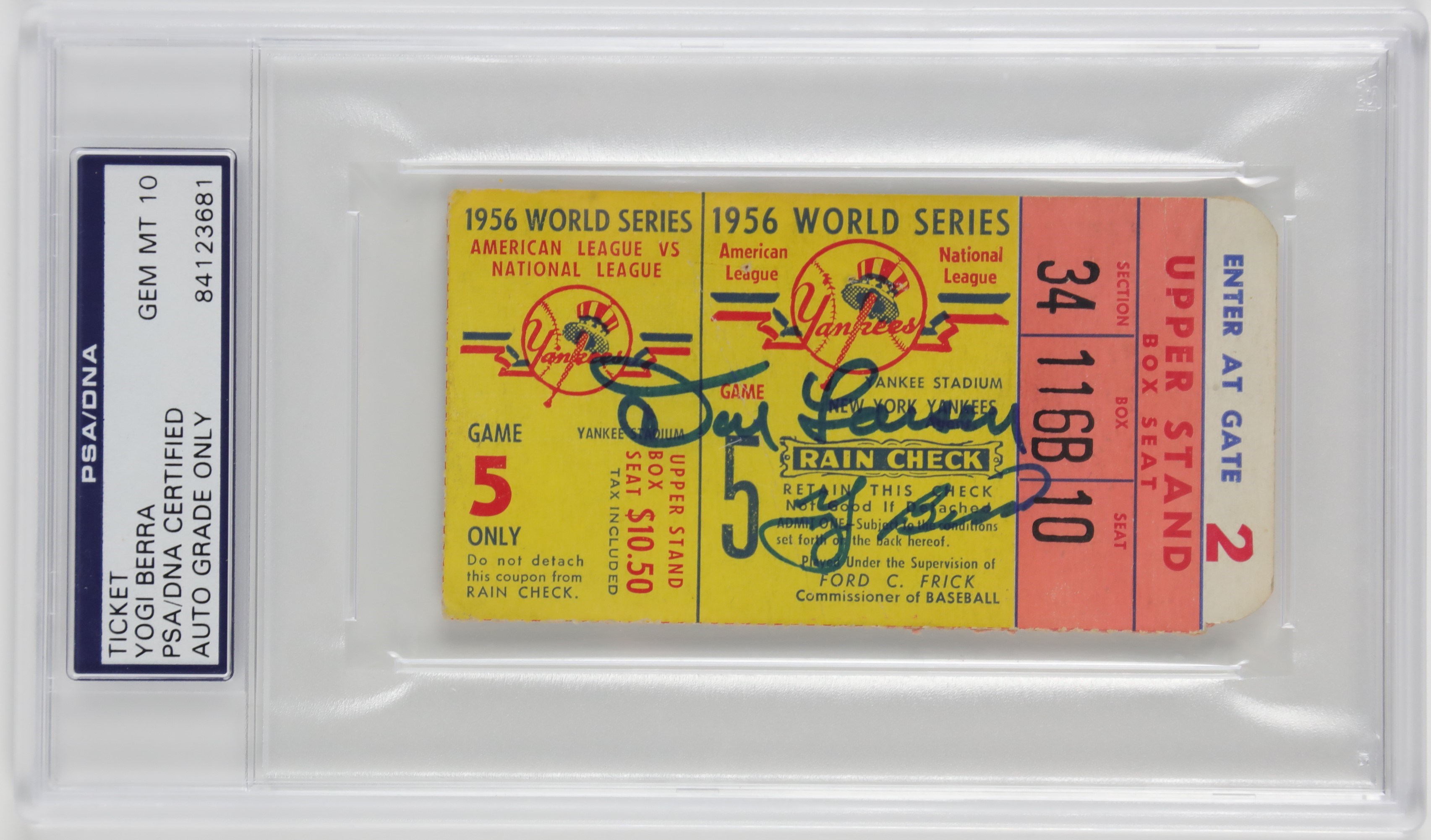 NY Yankees, Giants & Mets - 1956 World Series Perfect Game Ticket Signed by Berra & Larsen (PSA 10)