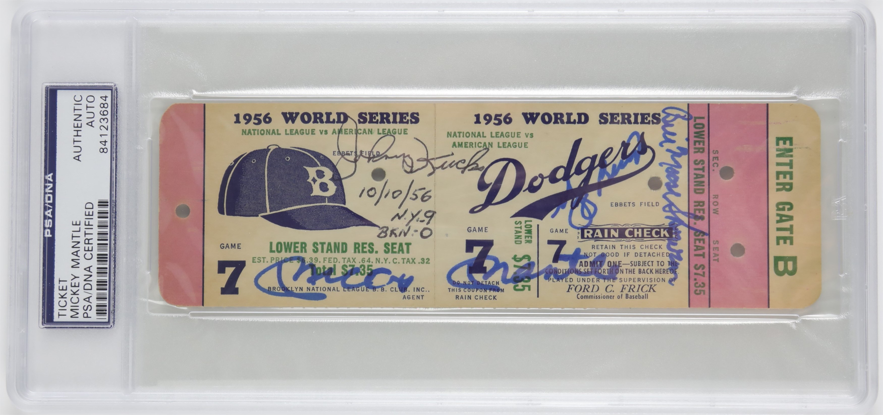 - 1956 World Series Game 7 Signed Full Ticket w/Mickey Mantle (PSA)