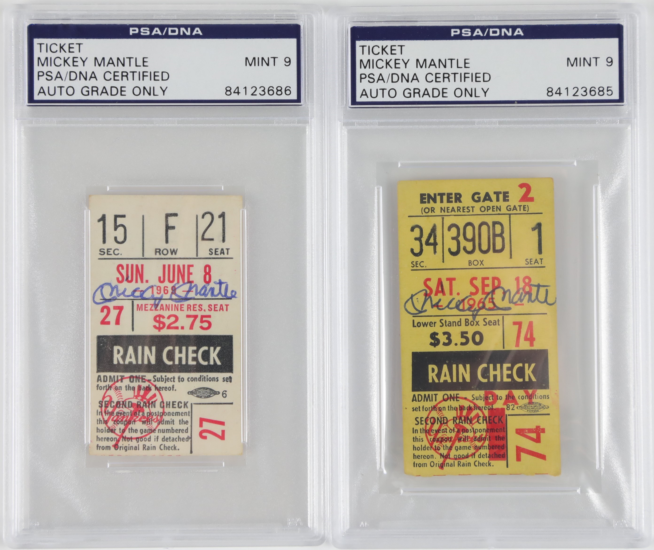 Kubina And The Mick - 1965 & 1969 "Mickey Mantle Day" Tickets Signed by Mantle (Both PSA 9)