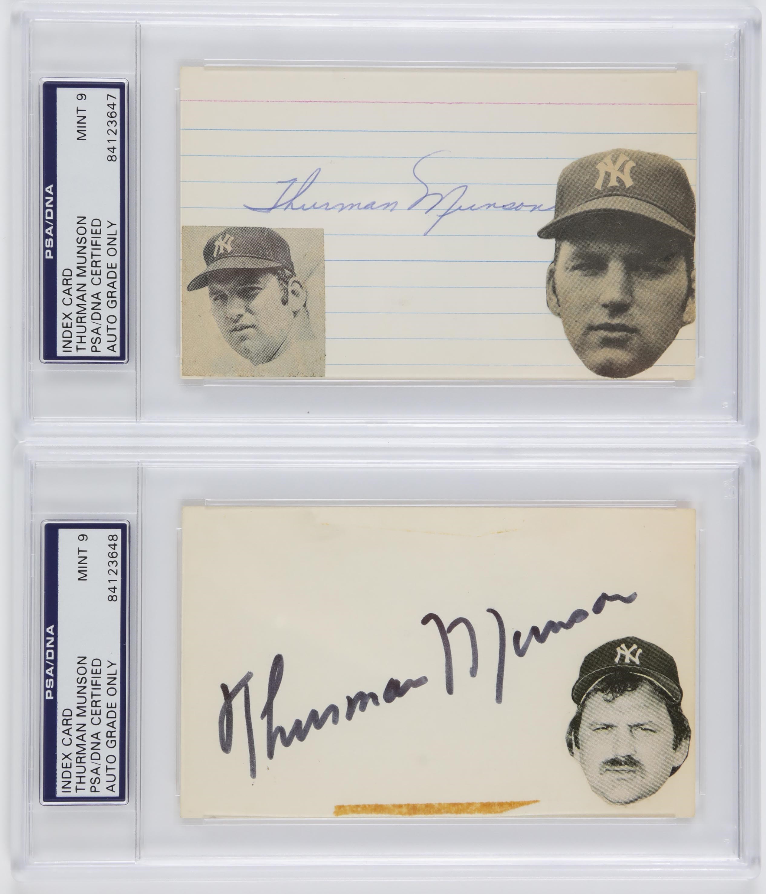 NY Yankees, Giants & Mets - Pair of Thurman Munson Signed Index Cards ( Both PSA MINT 9)