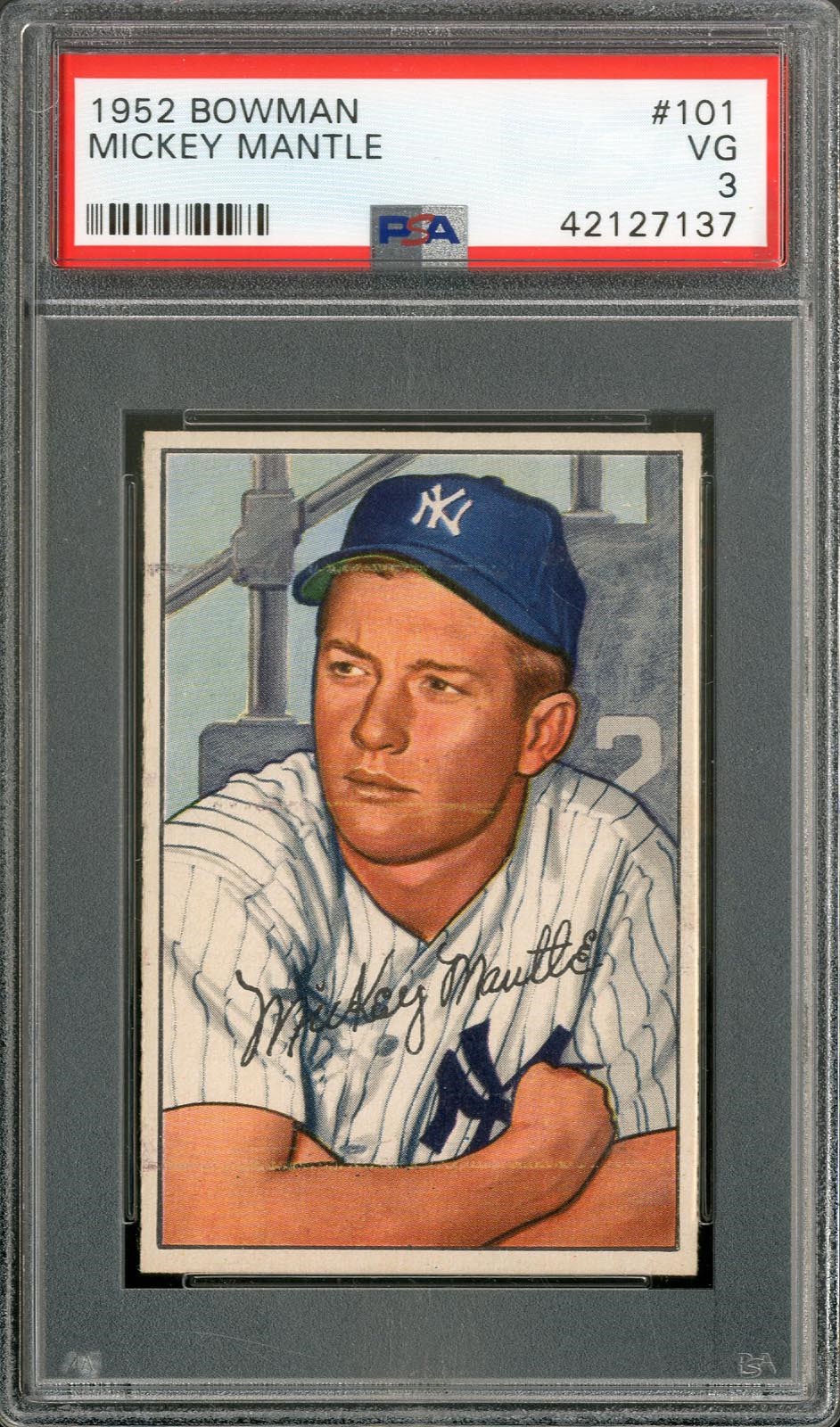 Kubina And The Mick - 1952 Bowman Mickey Mantle Baseball Card (PSA VG 3)