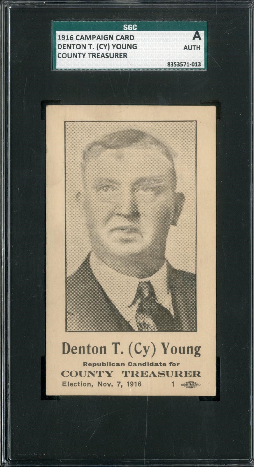 1916 Cy Young For County Treasurer Political Campaign Card (SGC)