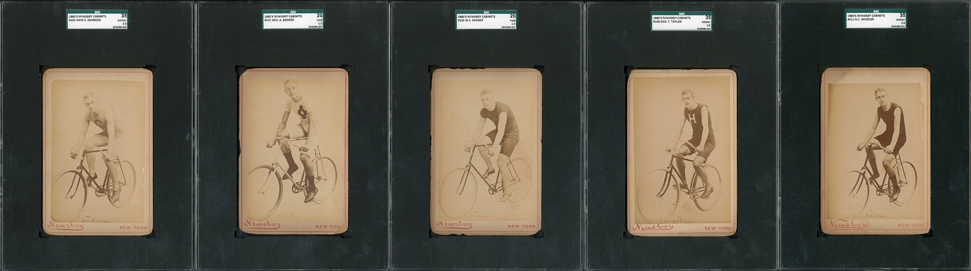 Baseball and Trading Cards - 1880s Newsboy Cabinets Collection of 5 Cyclists - All SGC Graded