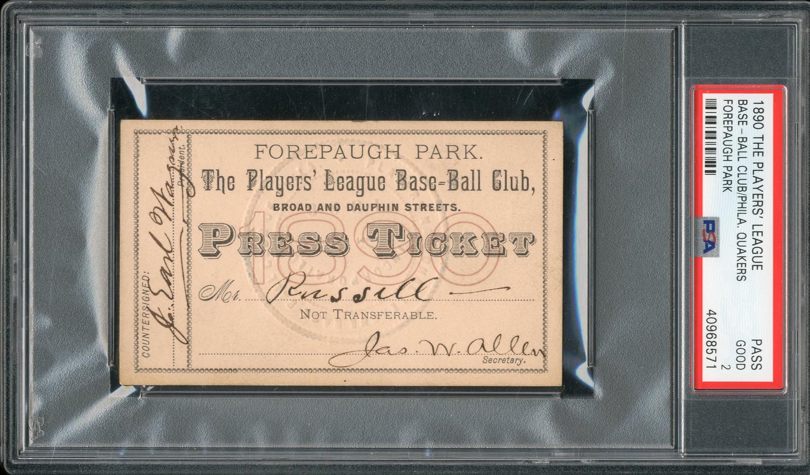 Extremely Rare 1890 Players' League Ticket - Lone Season