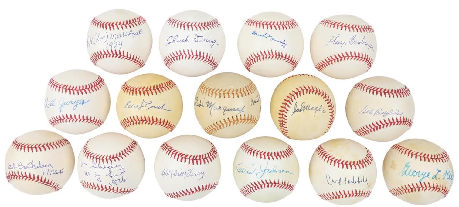 NY Yankees, Giants & Mets - 1910s-50s New York Giants Single Signed Baseball Collection w/Rarities - Marquard, Kelly, Jackson, Maglie, Hubbell (45)