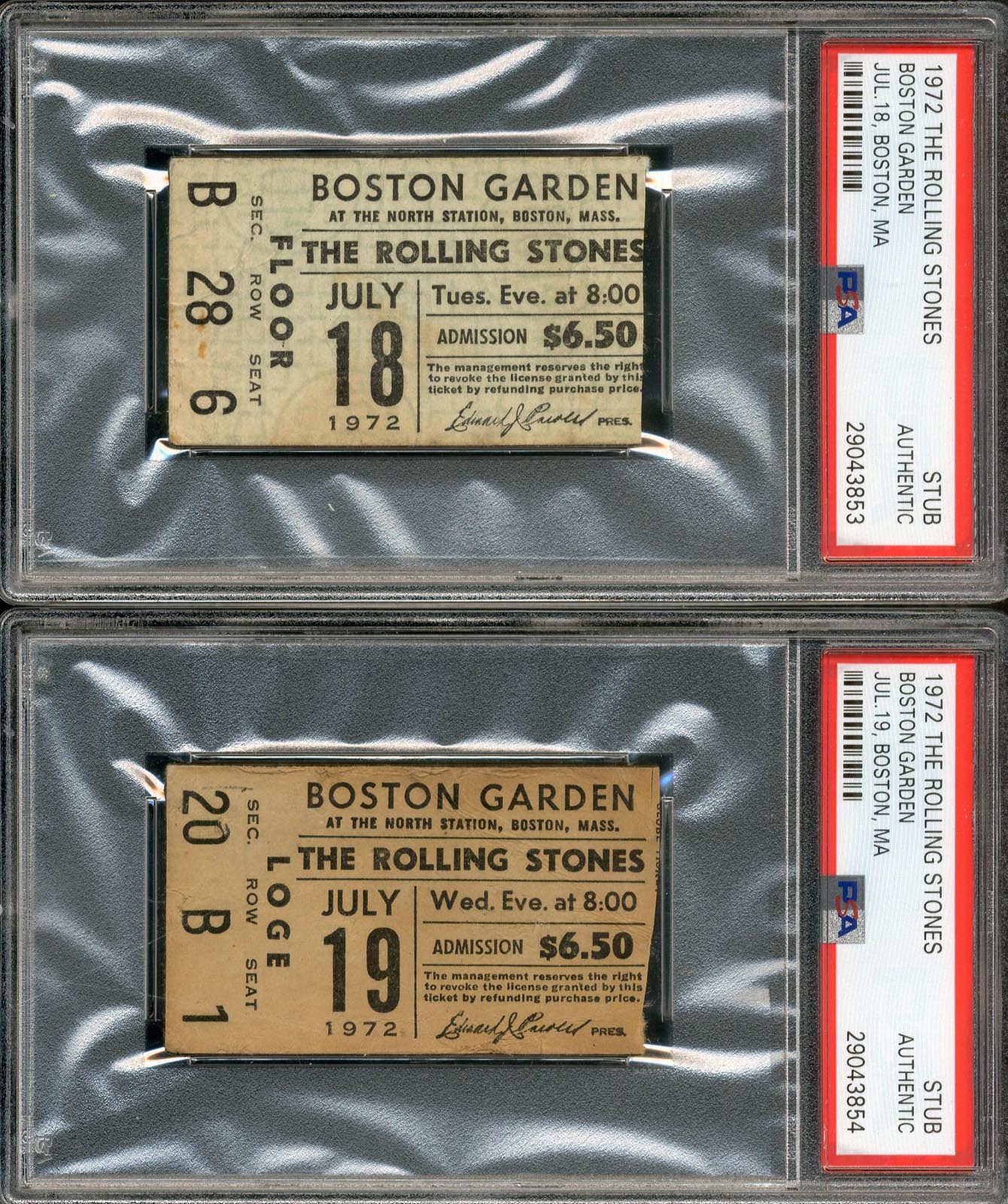 Pair of 1972 Rolling Stones at Boston Garden Ticket Stubs "Mayor Kevin White Stops Riot" (PSA)