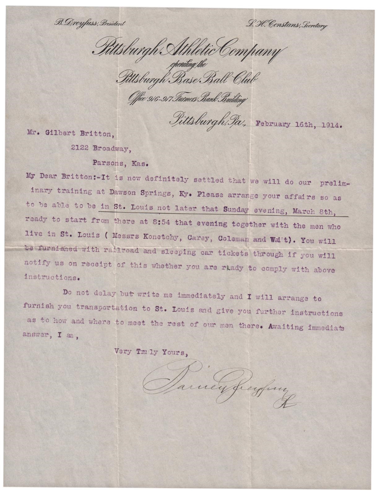 Baseball Autographs - 1914 Barney Dreyfuss Pittsburgh Pirate Letter (PSA)