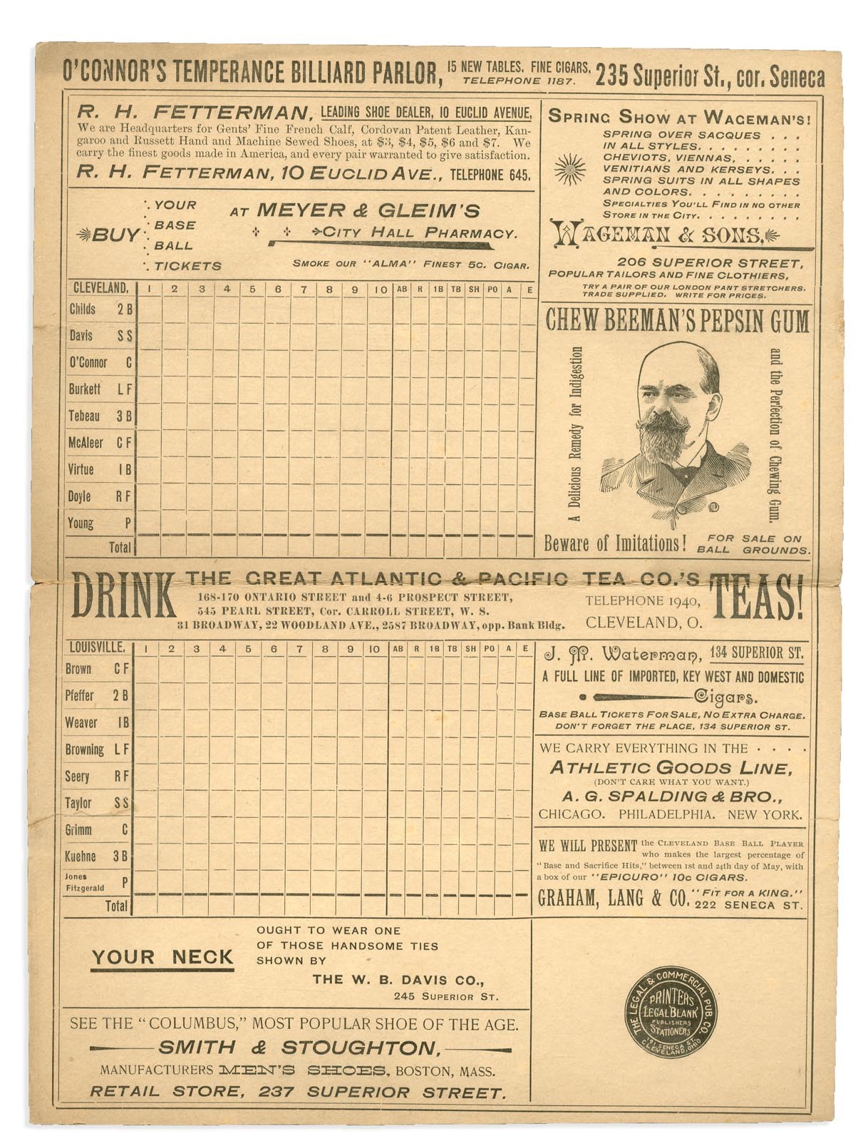Cleveland Indians - 1892 Cleveland Spiders Scorecard w/ Cy Young Pitching
