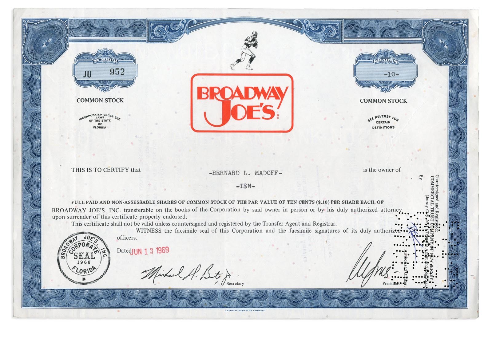 Best of the Best - Bernie Madoff Stock Certificate For Joe Namath's "Broadway Joe's"