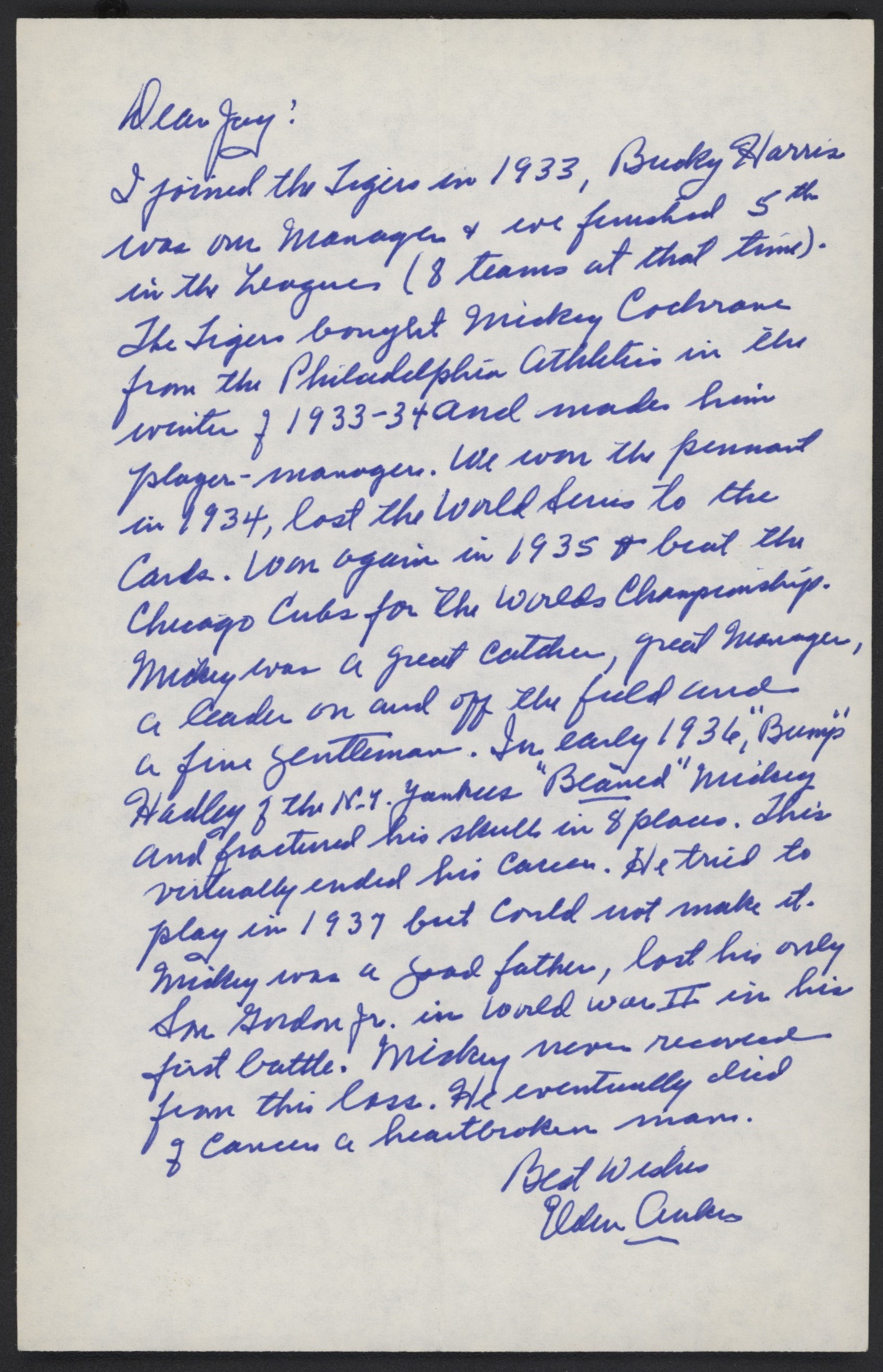 Ty Cobb and Detroit Tigers - Elden Auker Handwritten Letter w/Glowing Mickey Cochrane Content