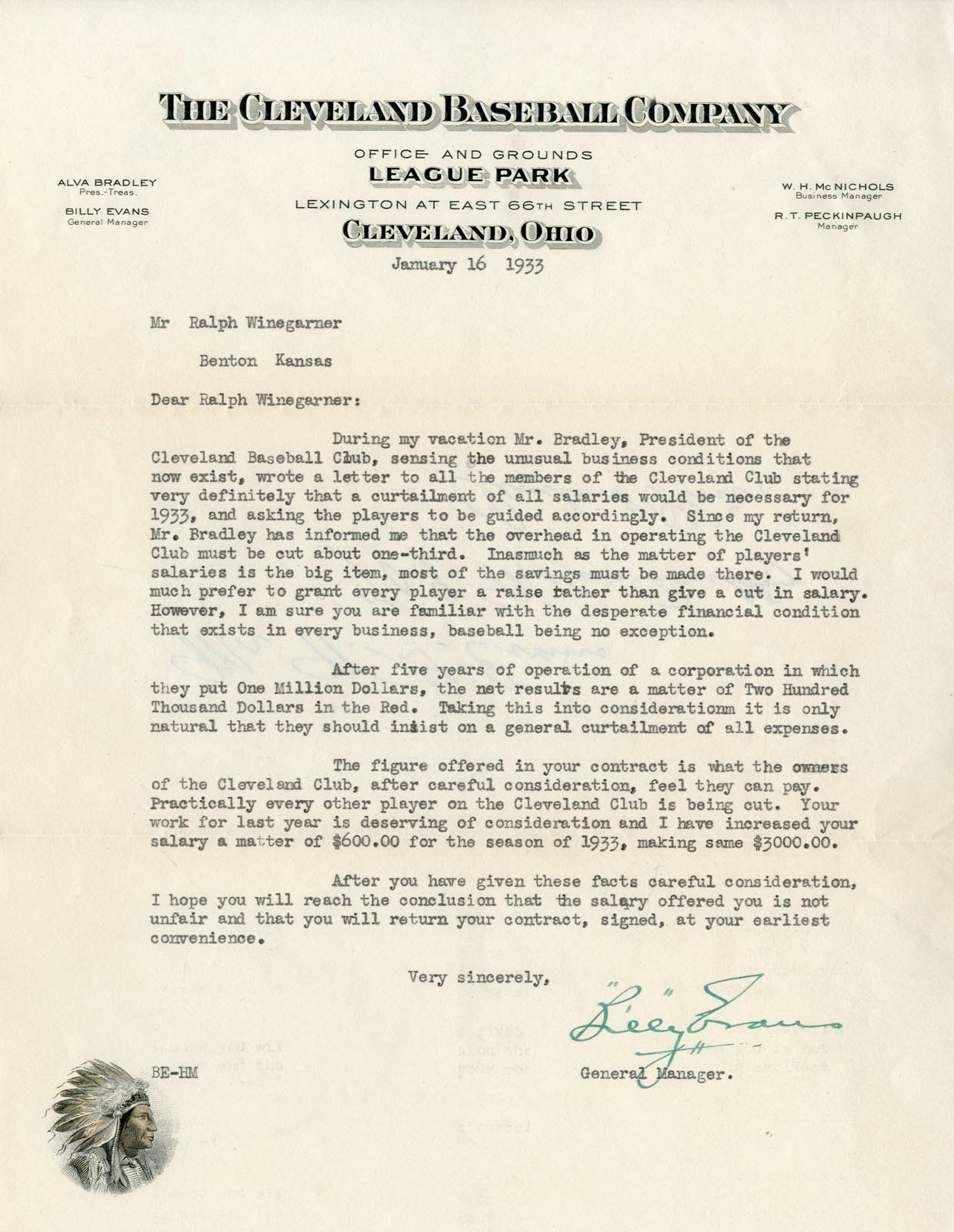 1933 Billy Evans Letter Baseball "Desperate" from Great Depression (PSA Gem Mint 10)