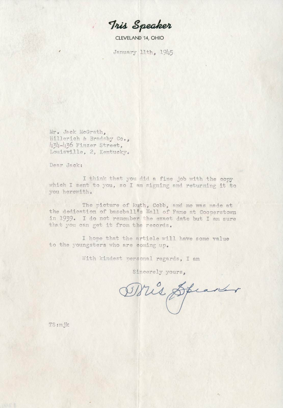 - 1945 Tris Speaker Letter w/1939 Ruth Cobb Baseball HOF Induction Content (PSA MINT 9)