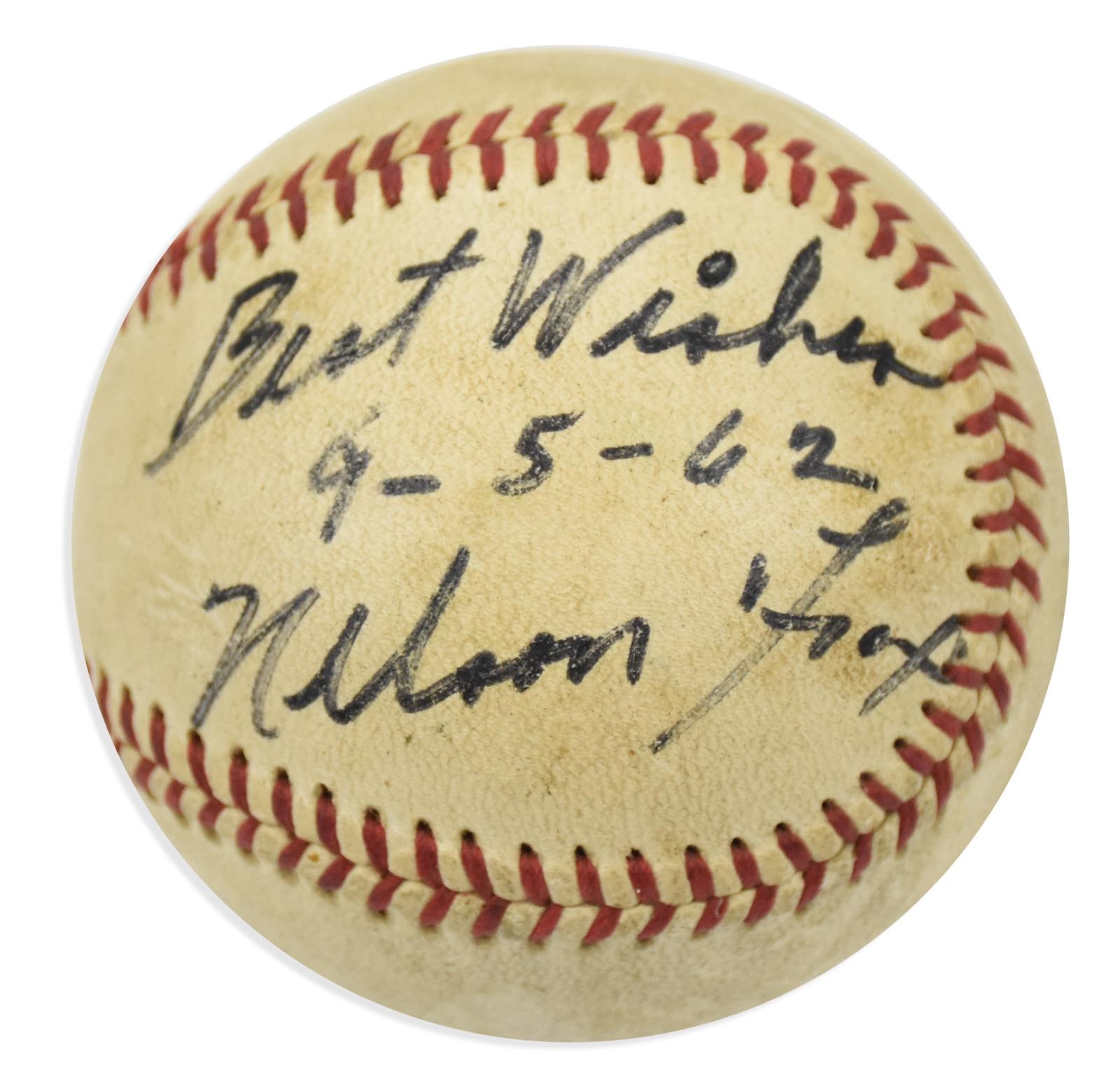 - 9/5/62 Nellie Fox Single Signed Game Used Baseball - with Game Ticket (PSA)
