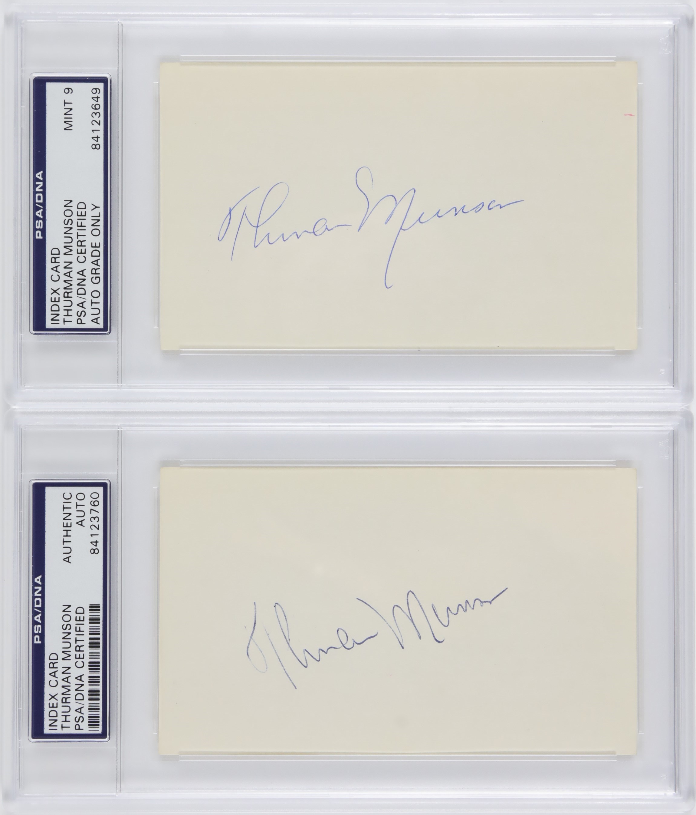 NY Yankees, Giants & Mets - Pair of Beautiful Thurman Munson Signed Index Cards (PSA)
