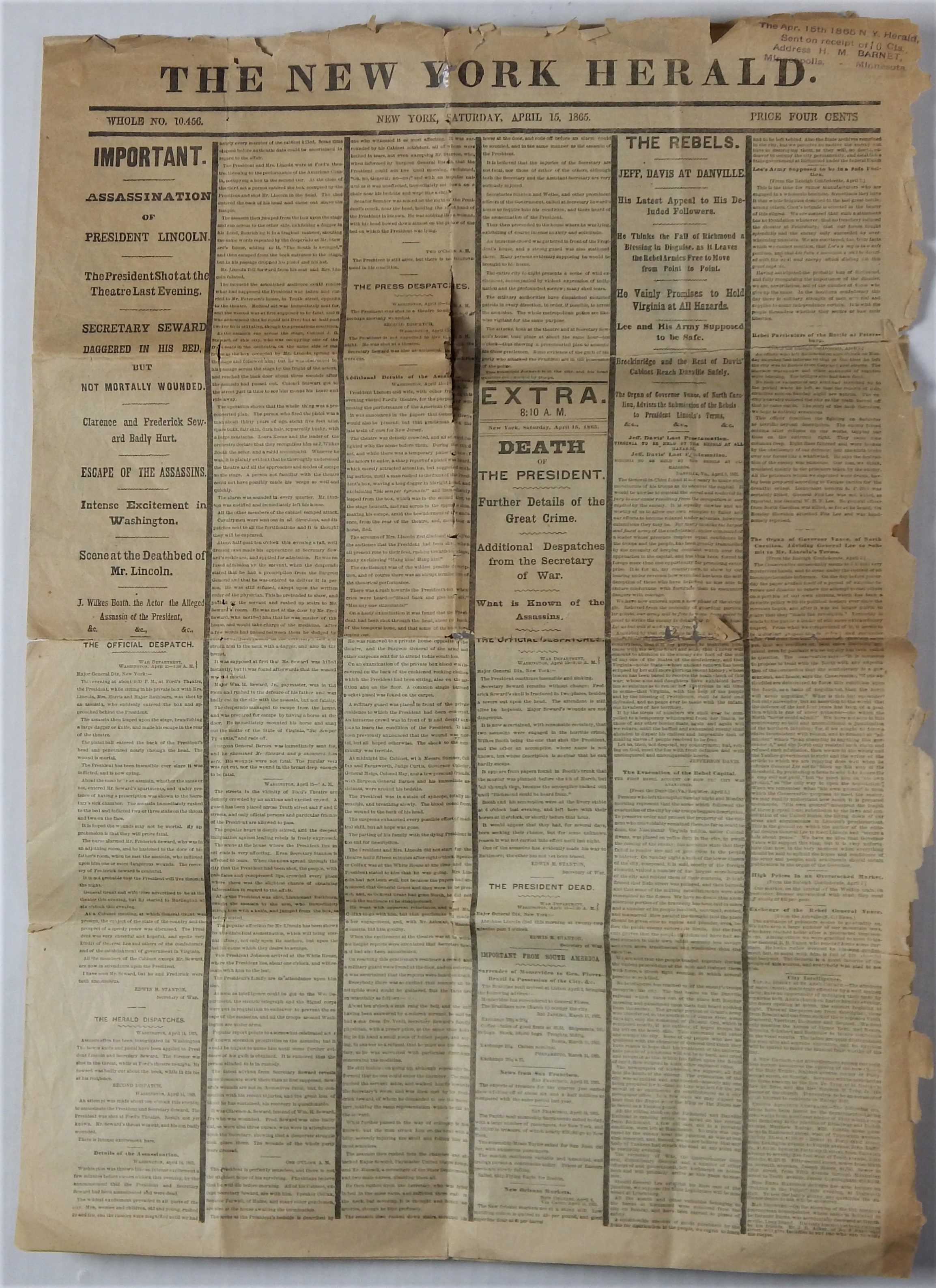 April 15, 1865 Lincoln Assassination Newspaper