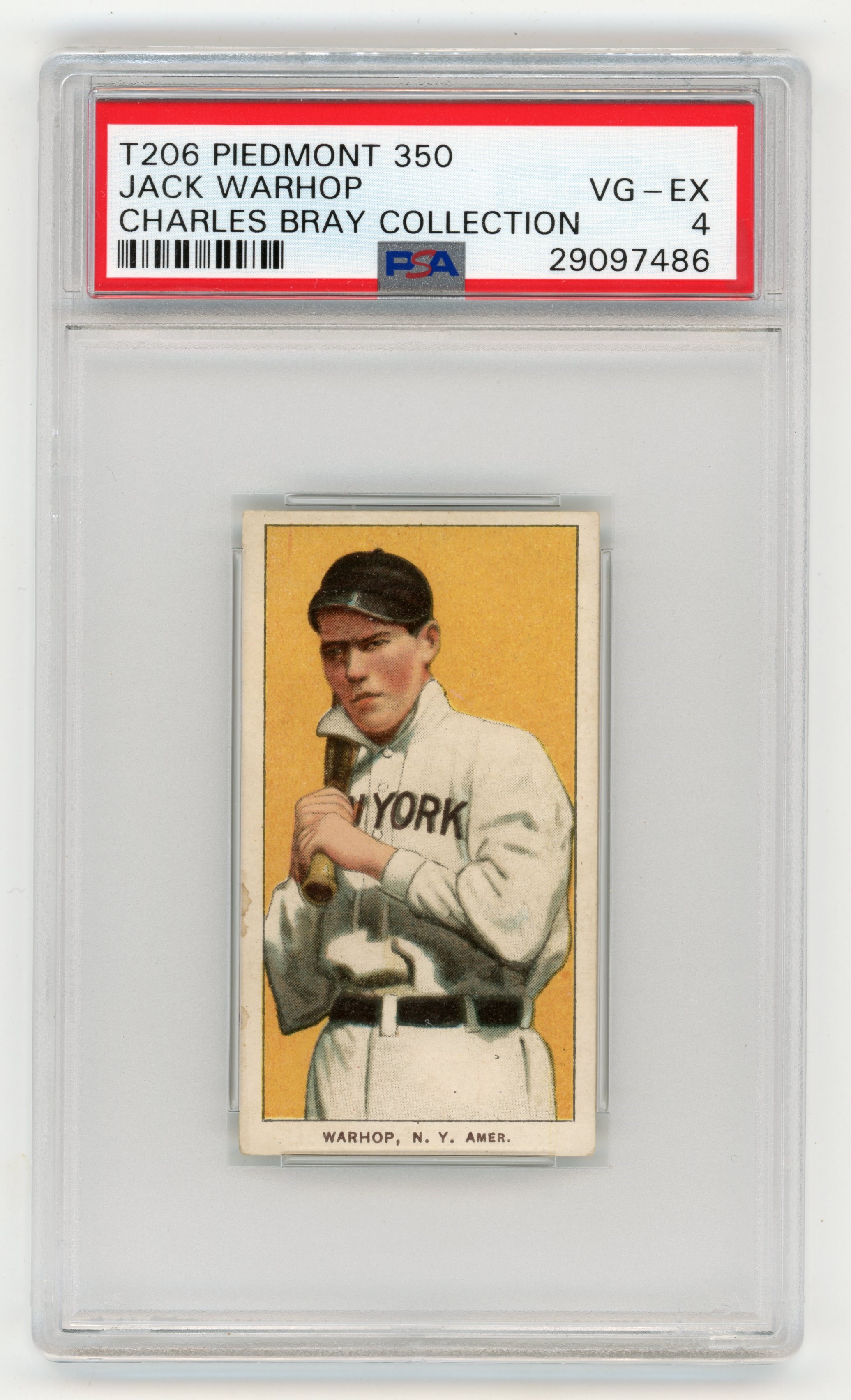 Baseball and Trading Cards - T206 Piedmont 350 Jack Warhop PSA VG-EX 4 From the Charles Bray Collection.